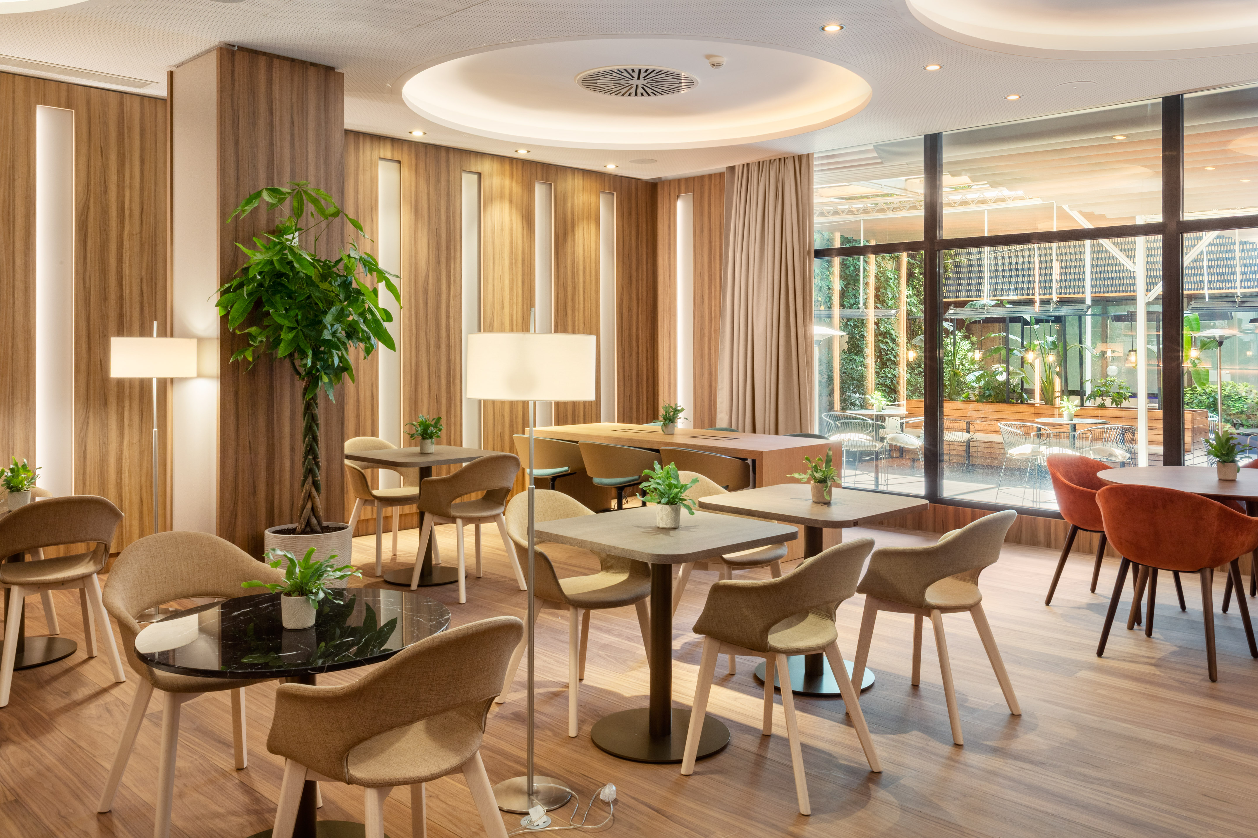 Modern cafe interior with wood accents, cozy seating, plants, and large windows. - Meliá Madrid Barajas, Madri
