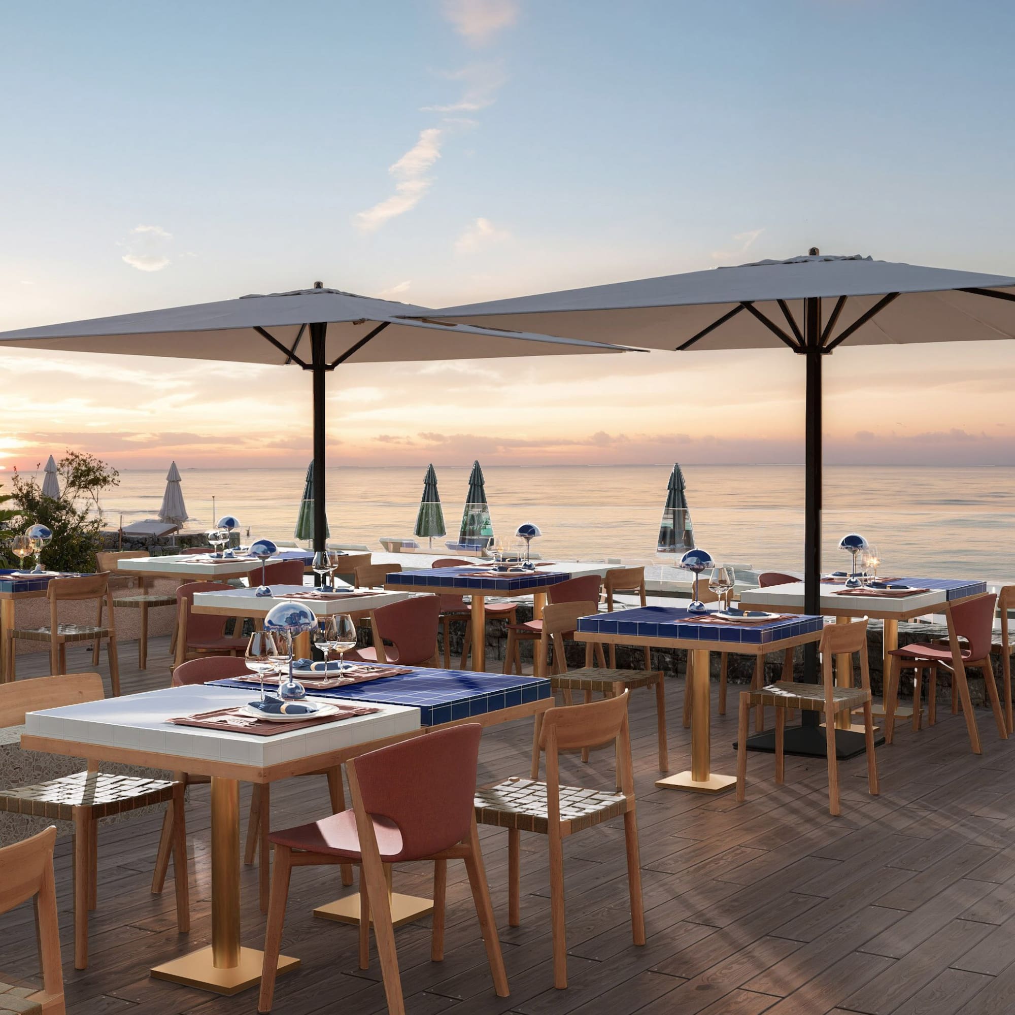 a restaurant with tables and umbrellas