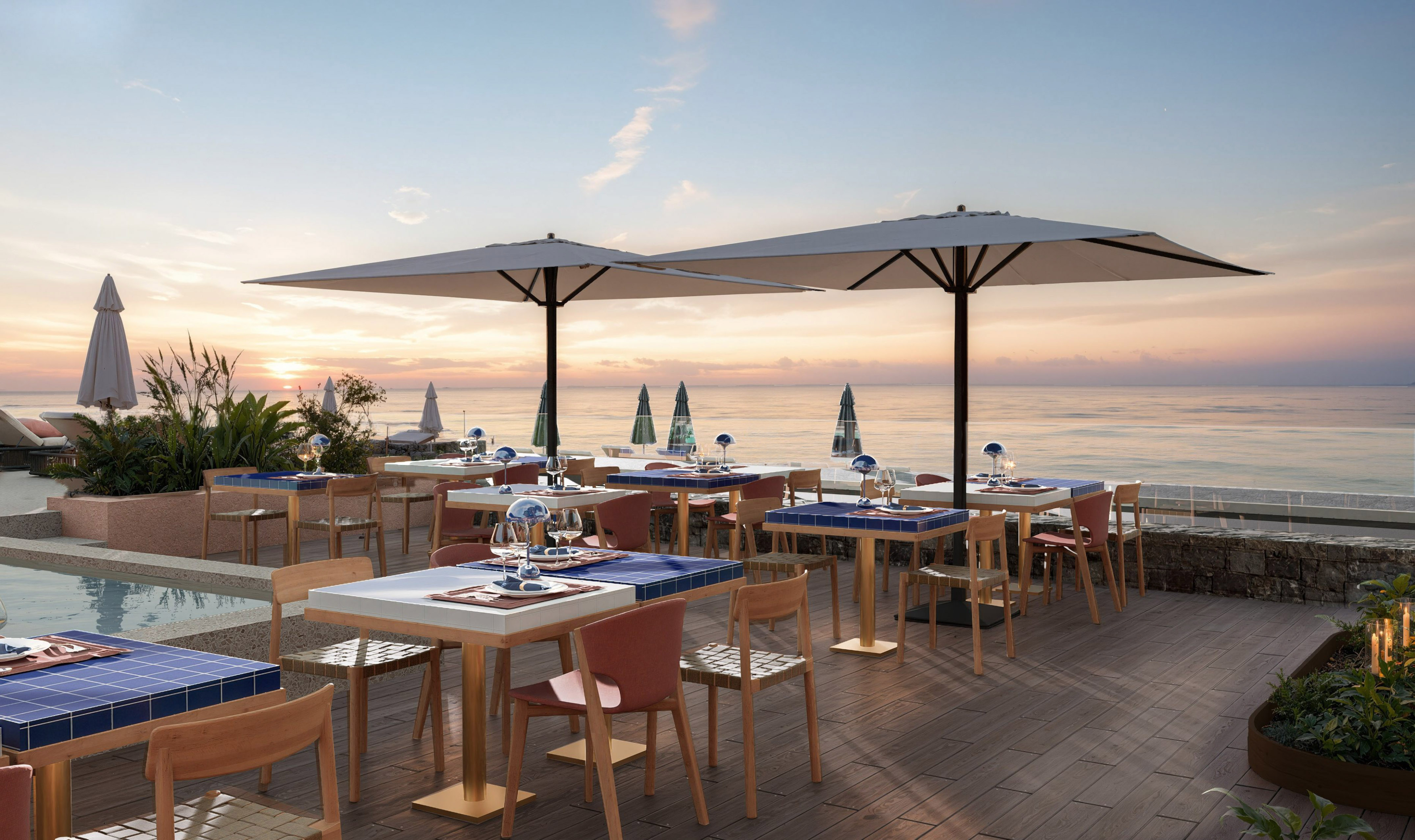 a restaurant with tables and umbrellas