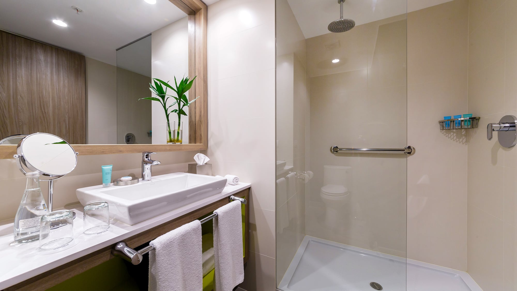 a bathroom with a glass shower and sink