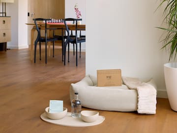 a dog bed with a bottle and a bottle of alcohol on it