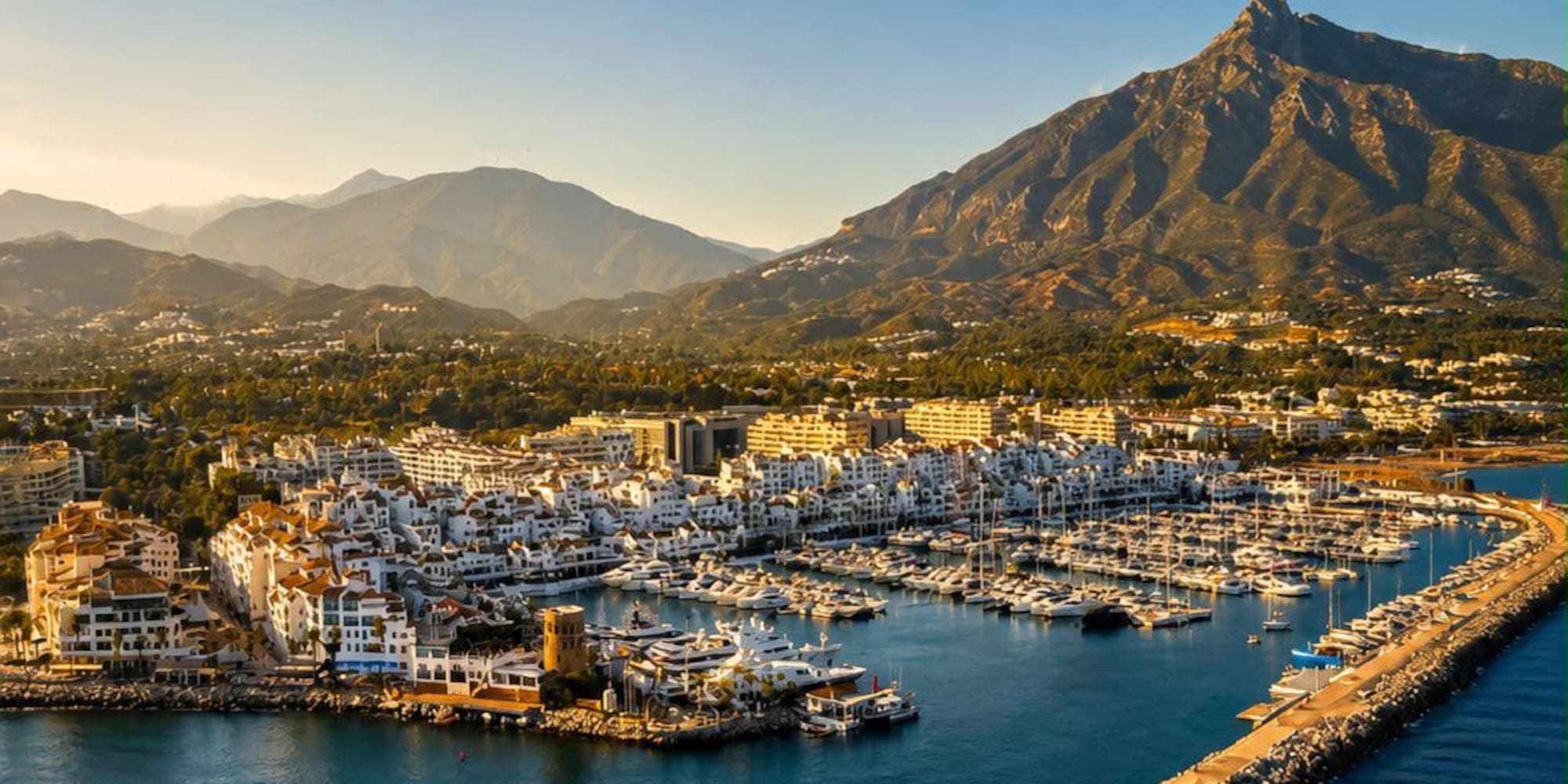 Puerto Banús marina, Marbella with luxury yachts, white town, La Concha mountain.