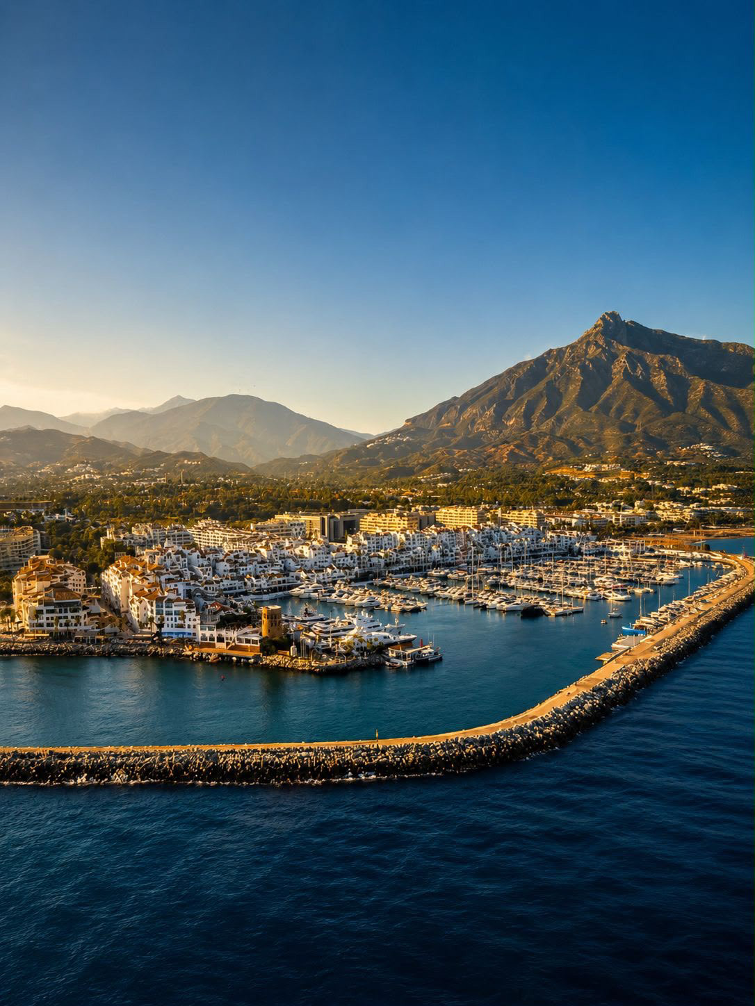 Puerto Banús marina, Marbella with luxury yachts, white town, La Concha mountain.