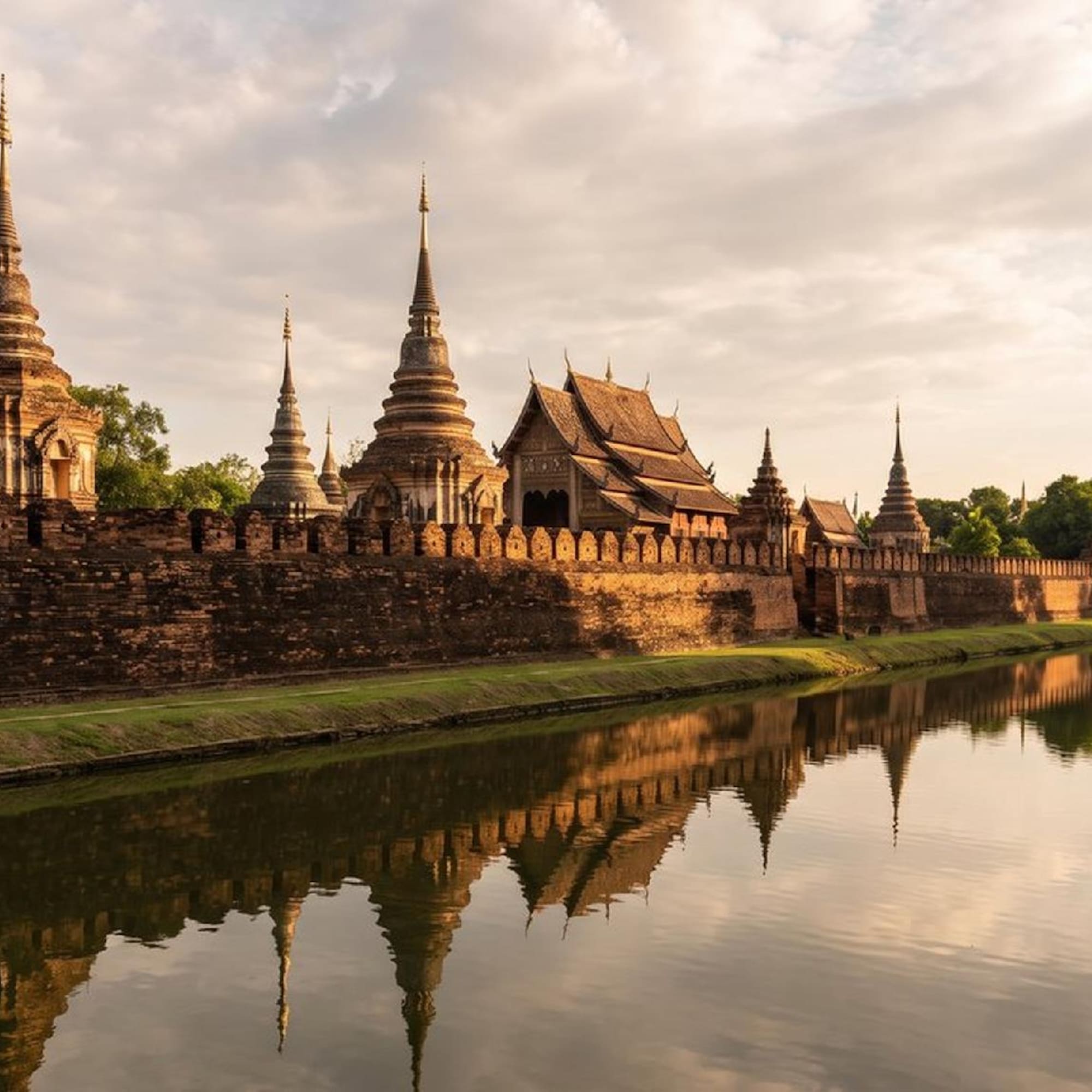 Estupas y templos de Sukhothai reflejados en el río al atardecer.