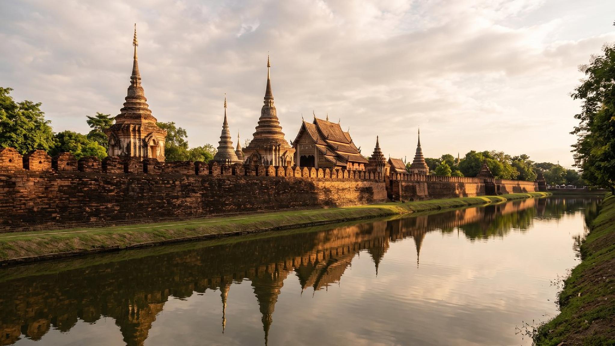 Estupas y templos de Sukhothai reflejados en el río al atardecer.