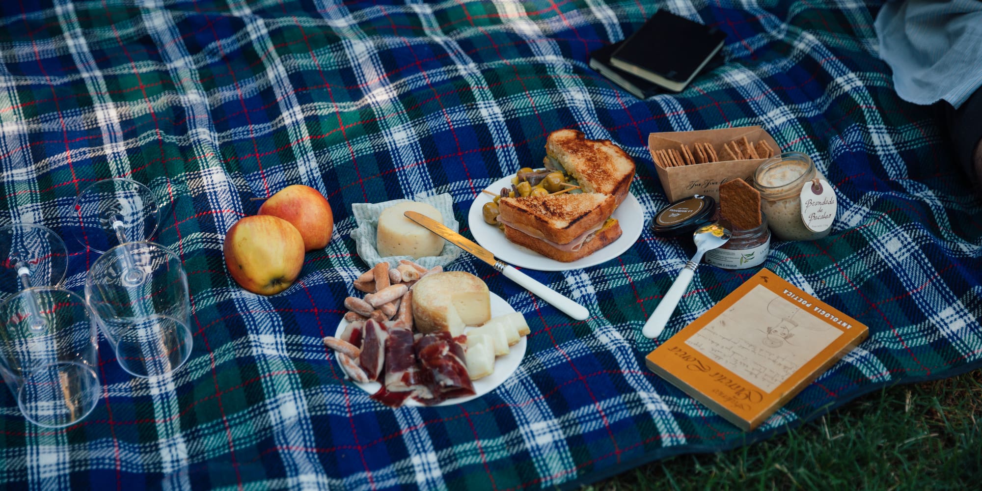 food on a blanket on the grass