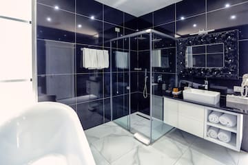 a bathroom with a glass shower and a bathtub