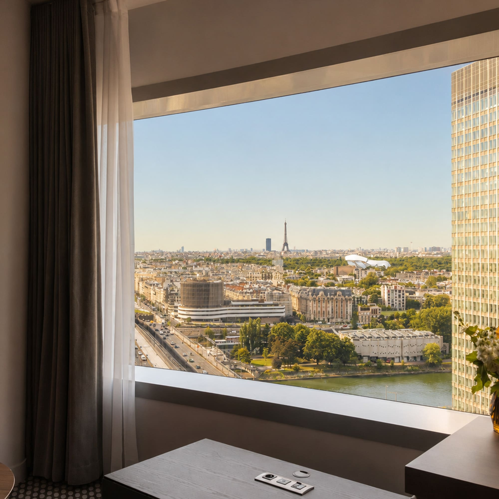 Hotel room window with Paris cityscape, Eiffel Tower, and Seine River view.