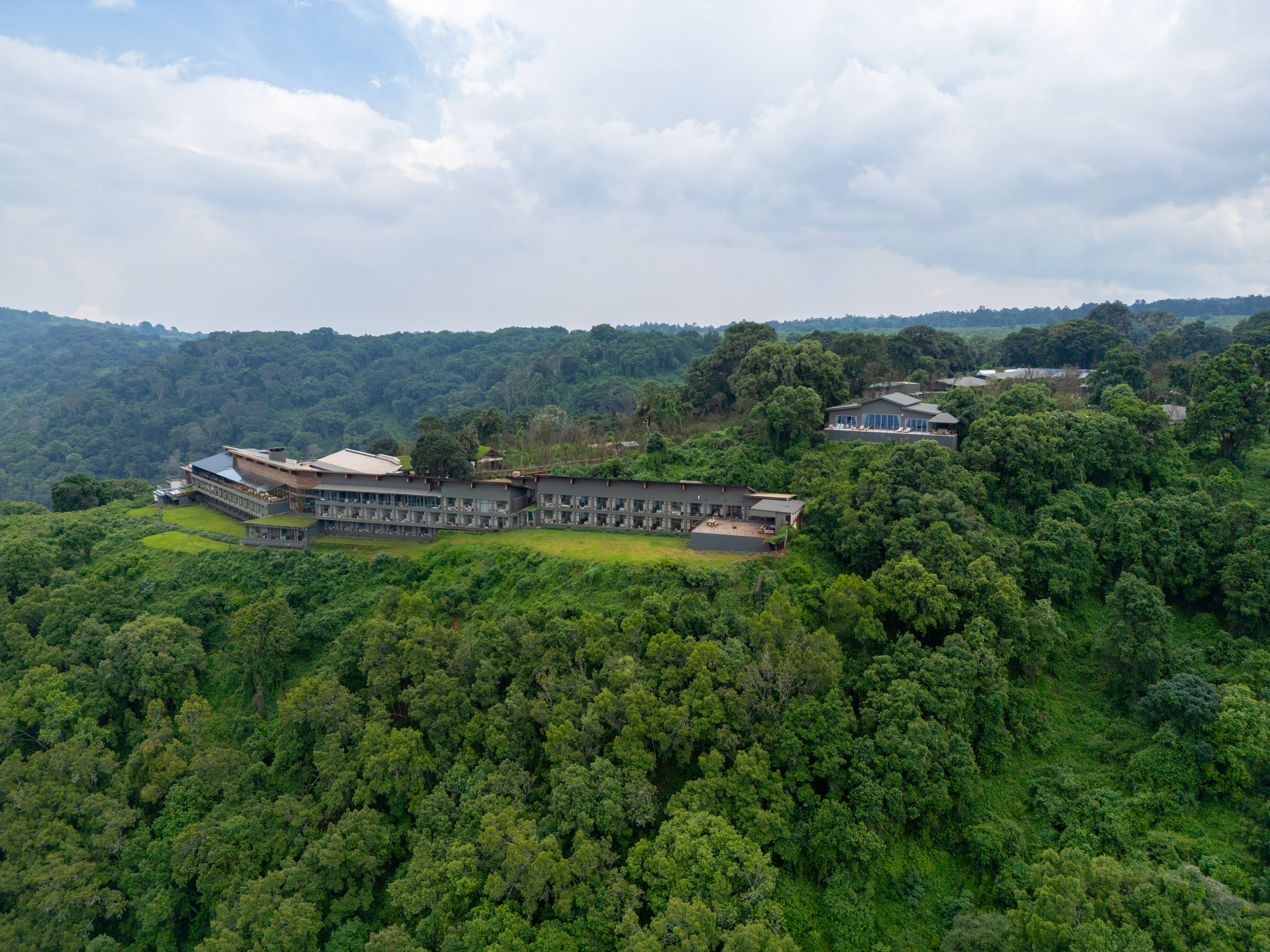 Aerial view of modern forest hotel nestled in vast green landscape.