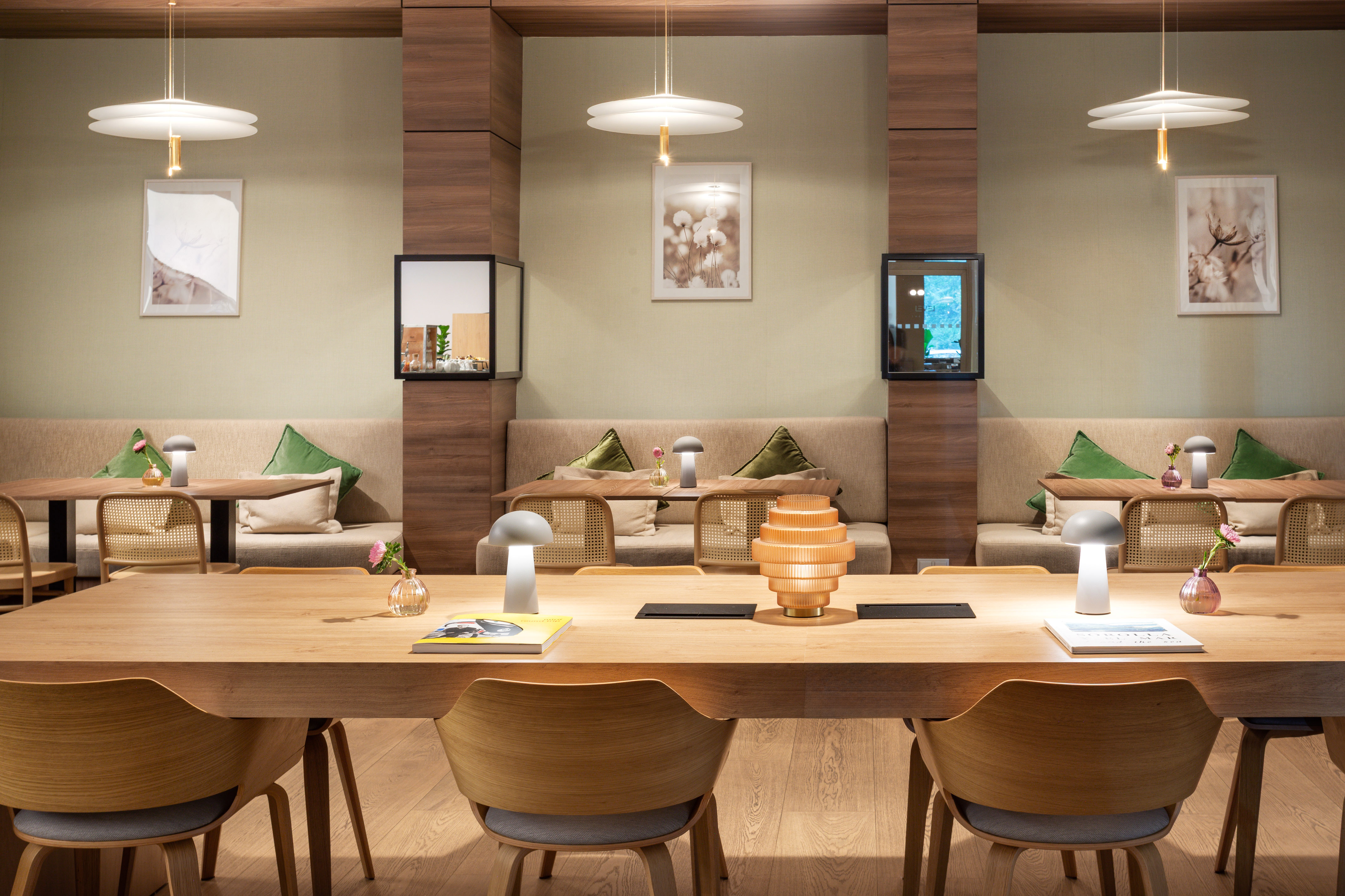 a room with a table and chairs