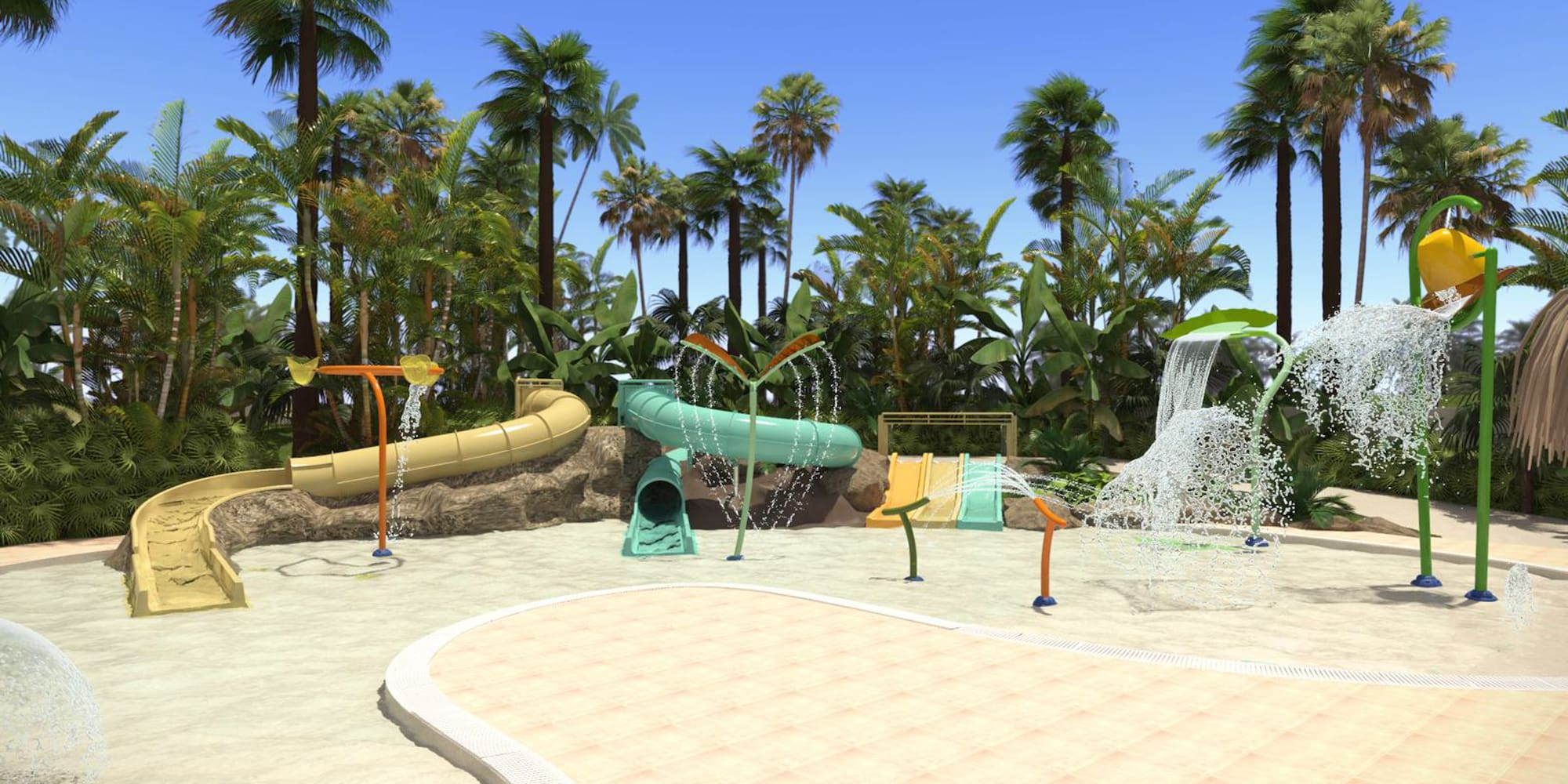 a water park with trees and water slides with Bávaro in the background