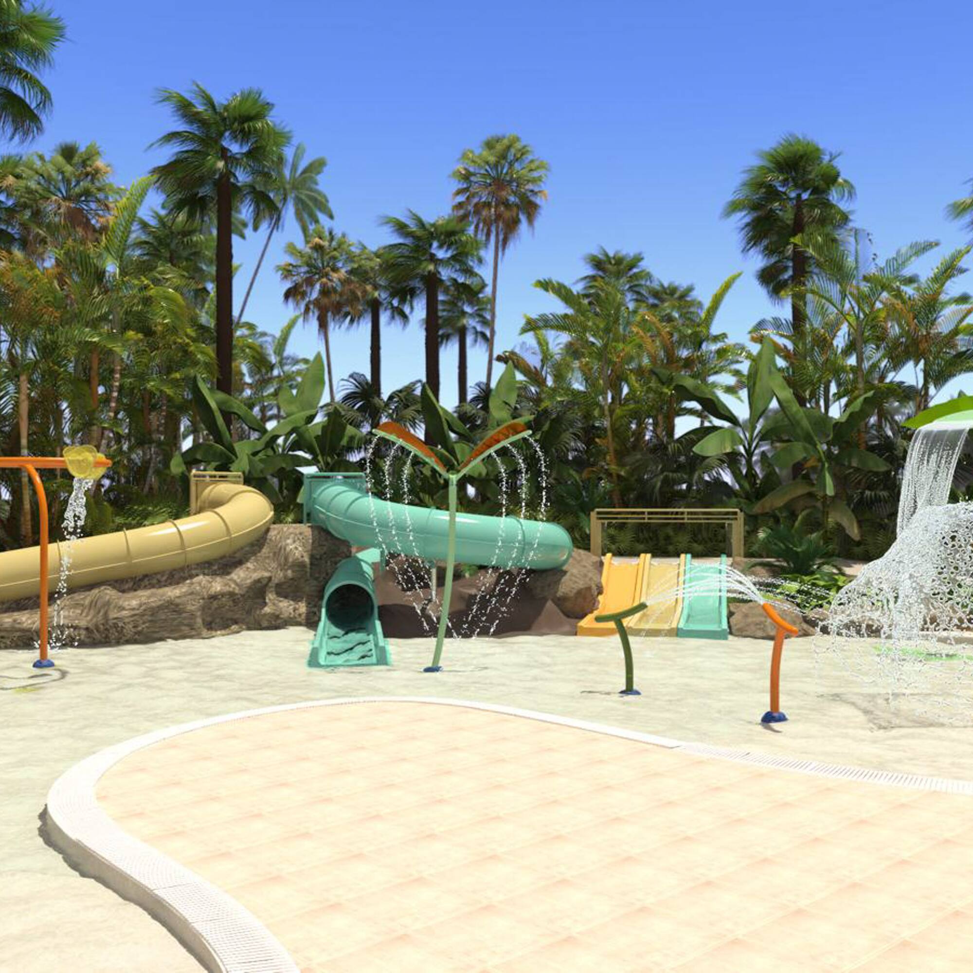 a water park with trees and water slides with Bávaro in the background