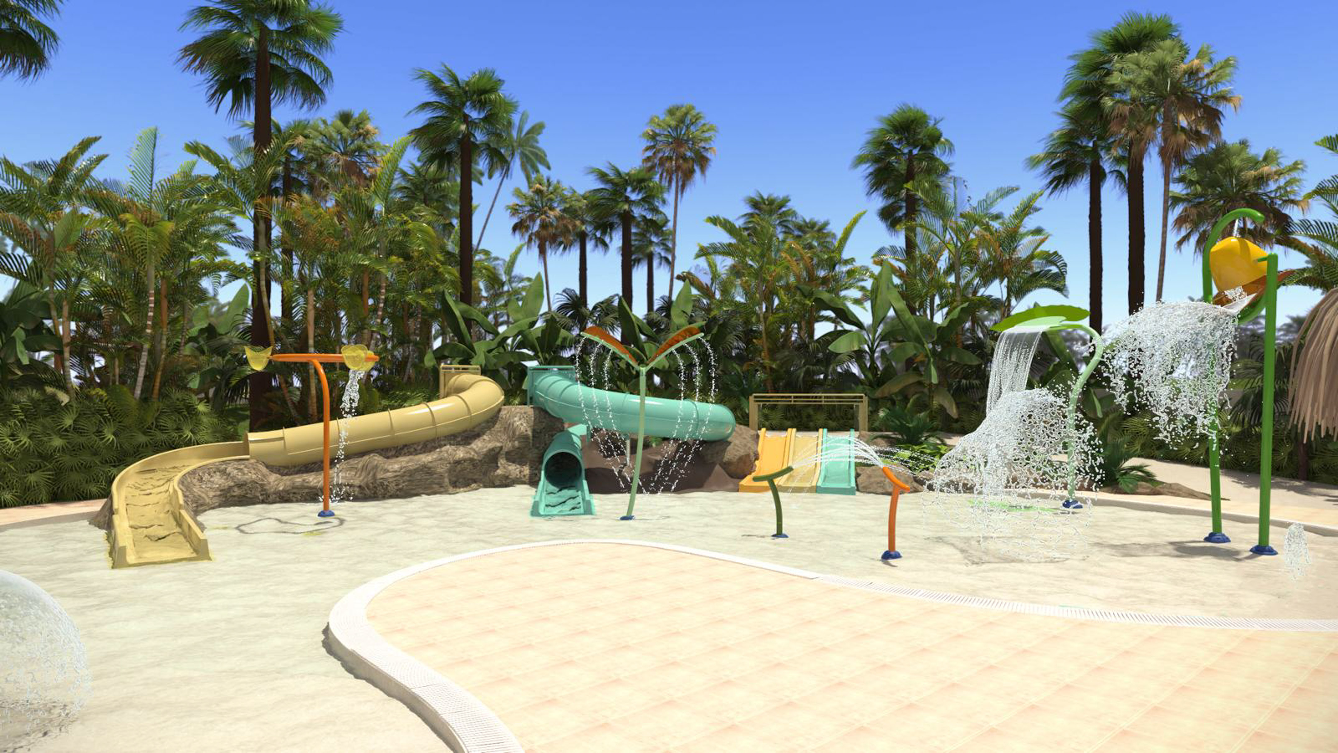 a water park with trees and water slides with Bávaro in the background