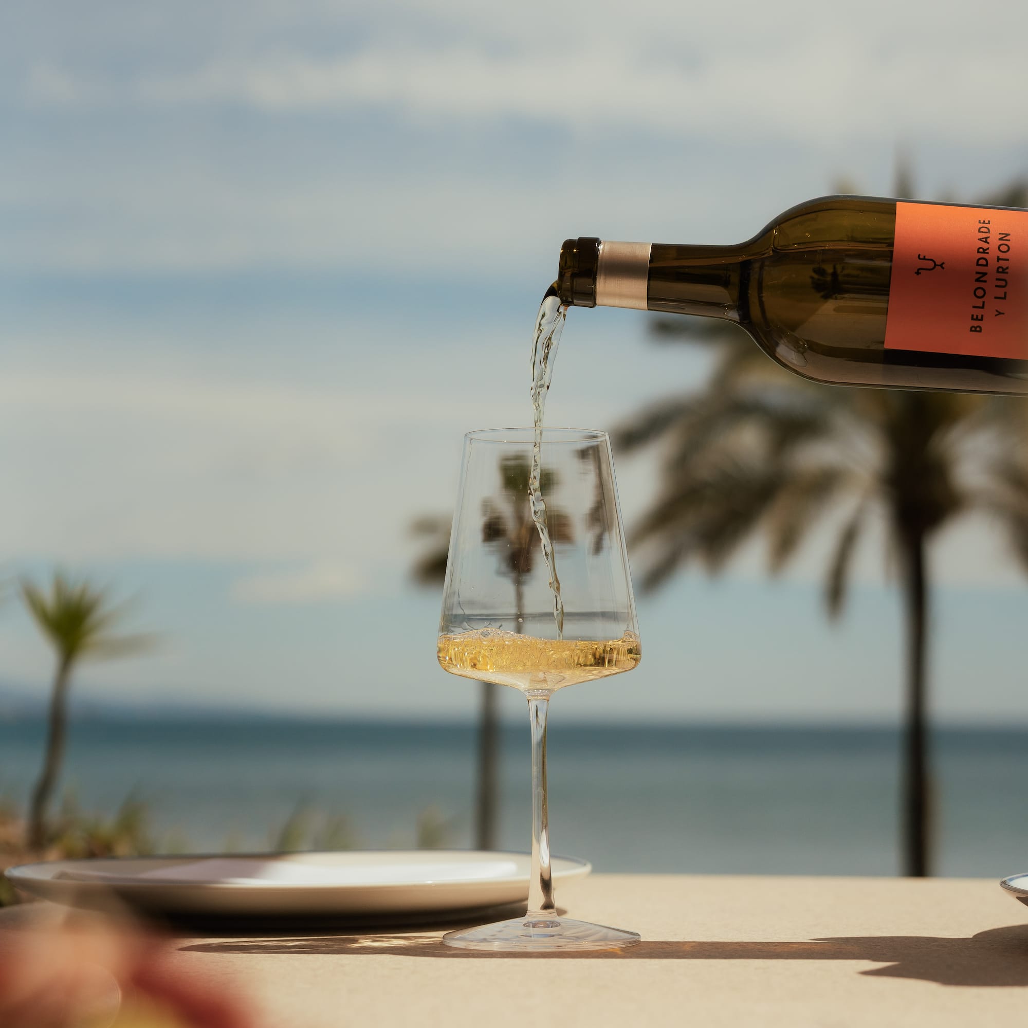 Belondrade y Lurton white wine pouring into glass, ocean and palm trees.
