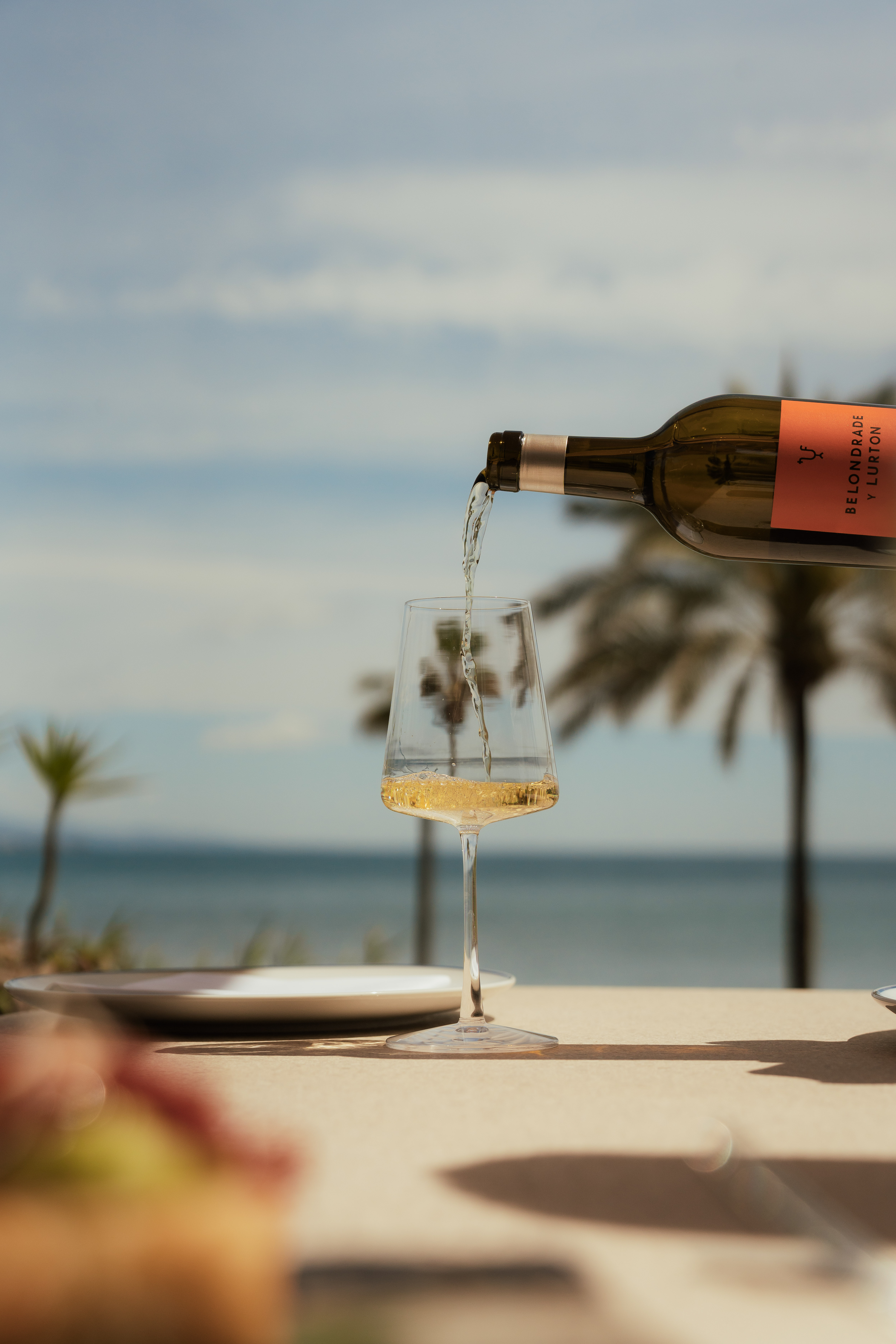 Belondrade y Lurton white wine pouring into glass, ocean and palm trees.