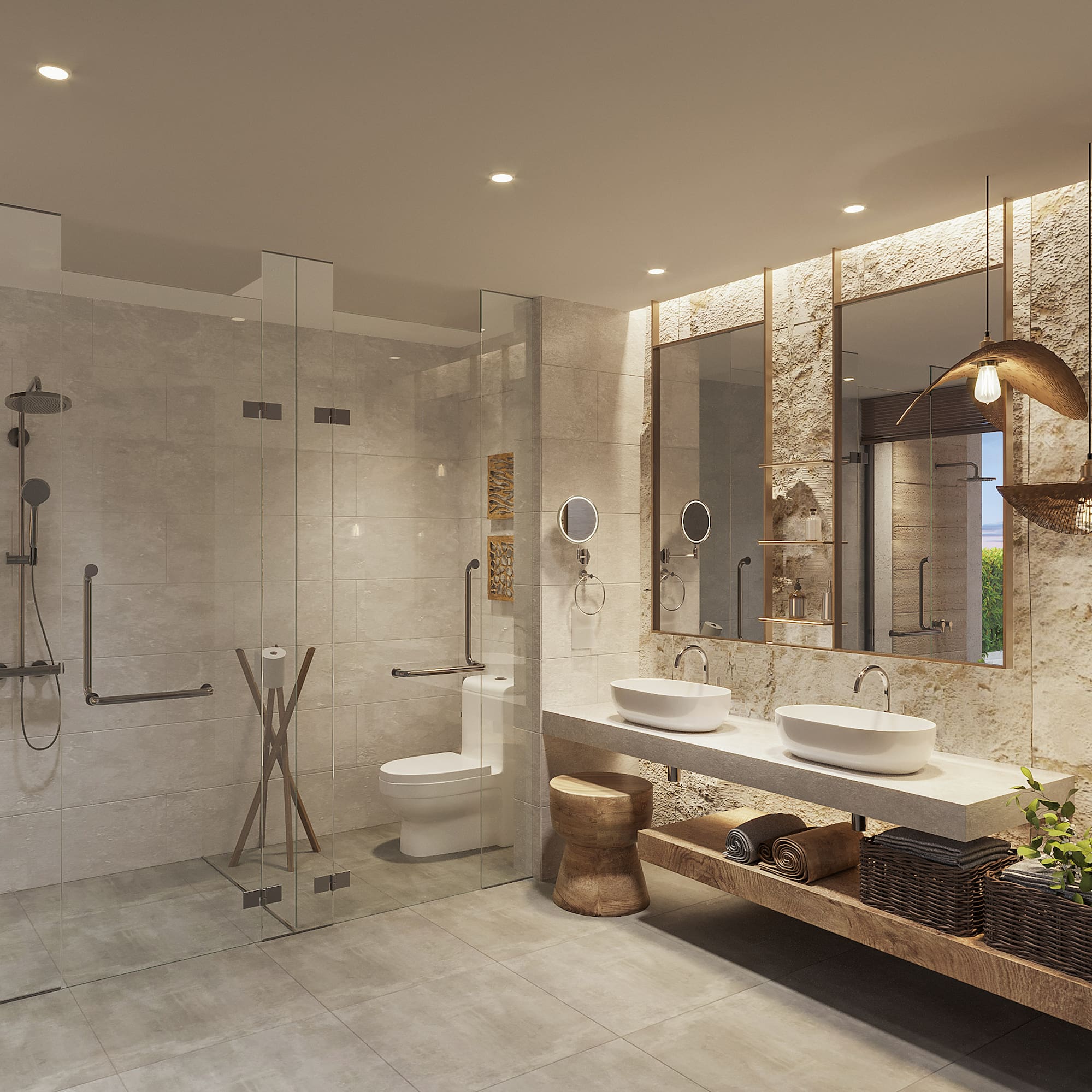 a bathroom with a shower and sinks