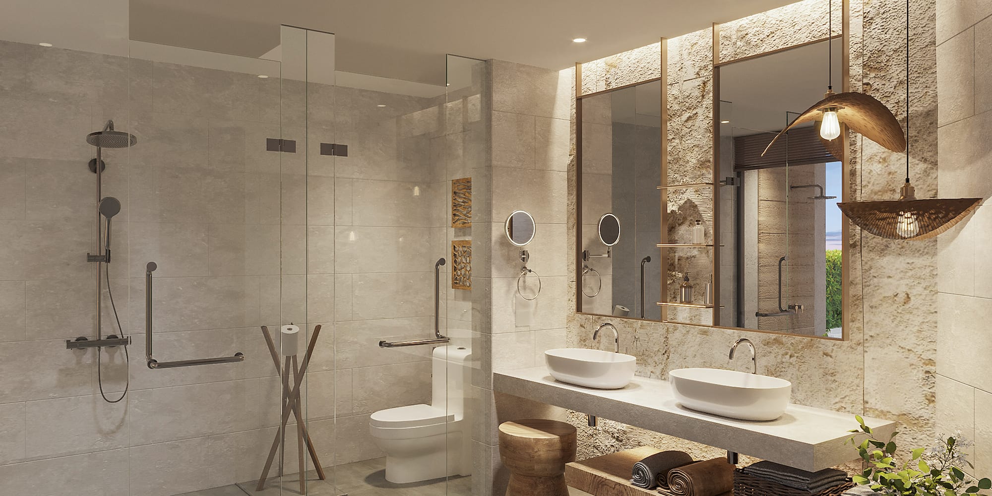 a hallway with doors and a light on the wall