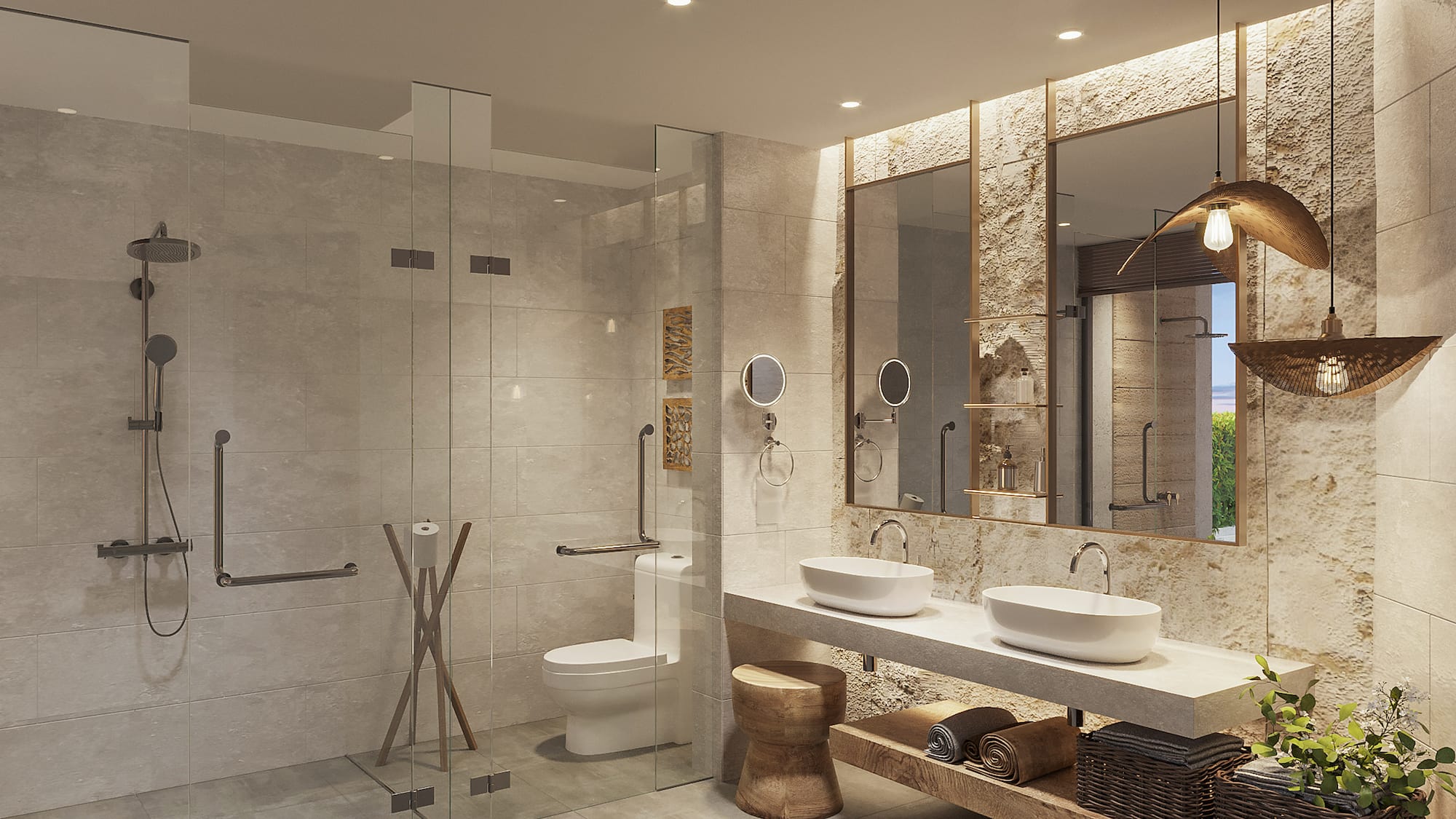 a bathroom with a shower and sinks