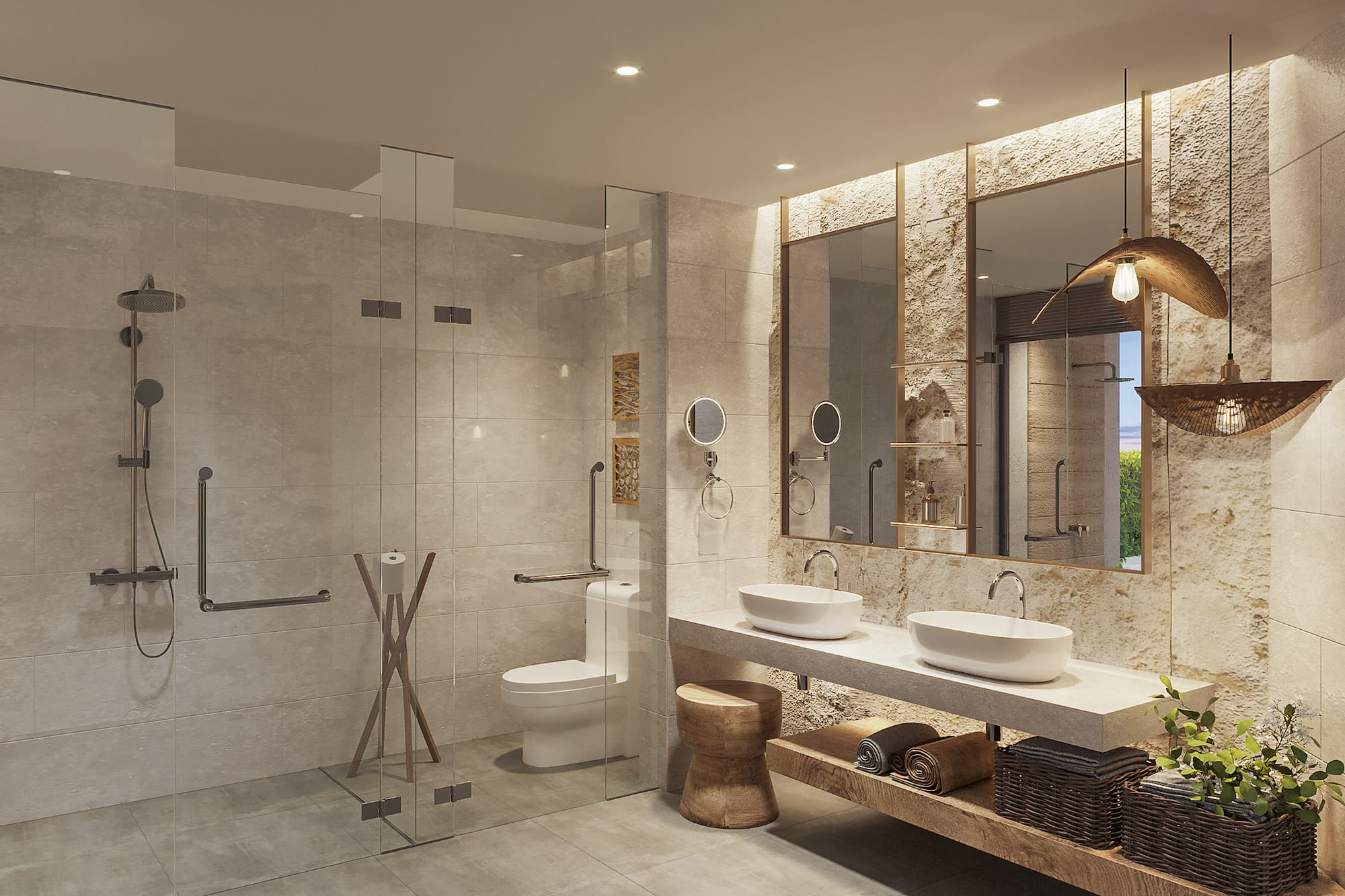 a bathroom with a shower and sinks