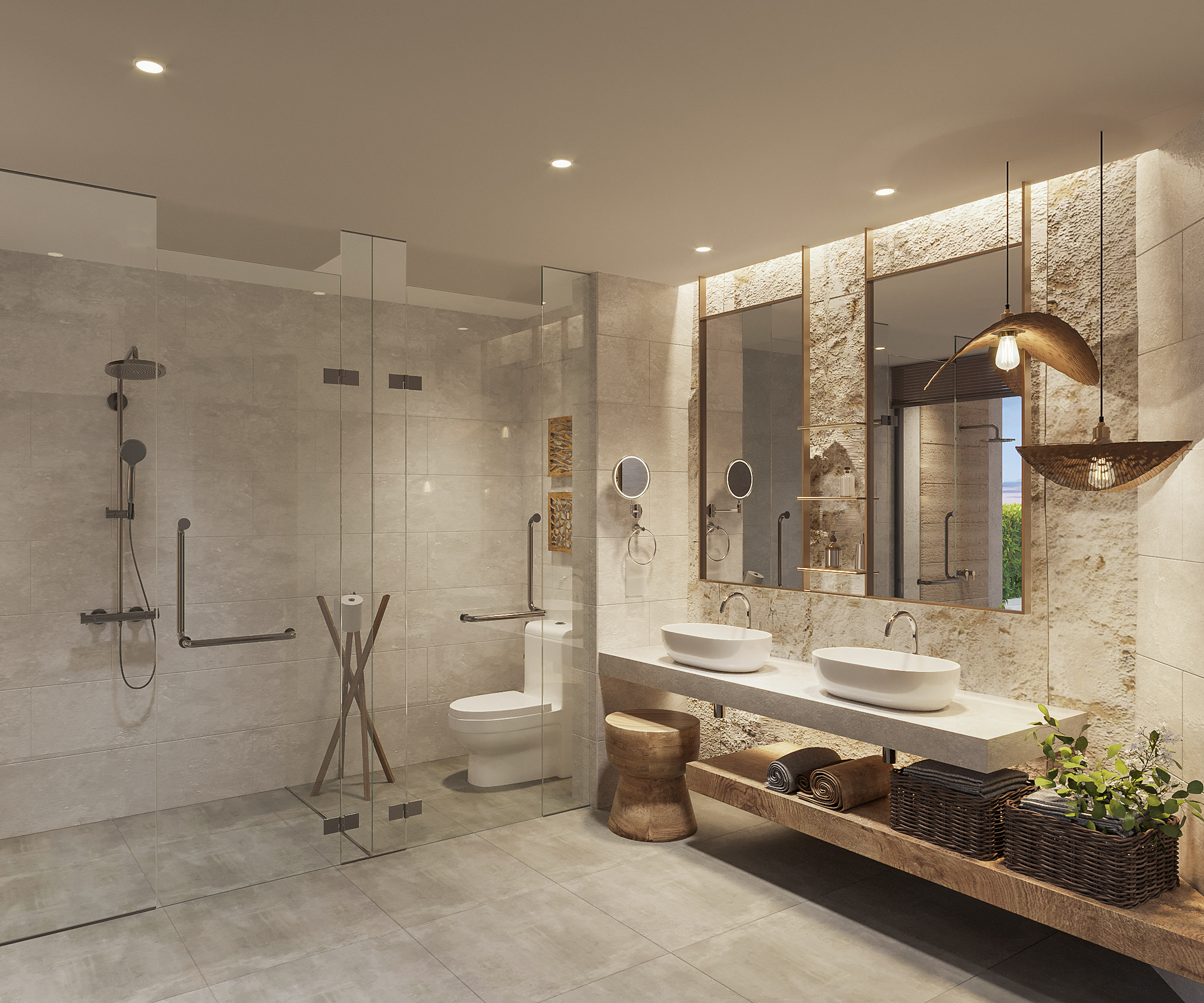 Modern bathroom with double vanity, stone wall, and accessible walk-in shower.