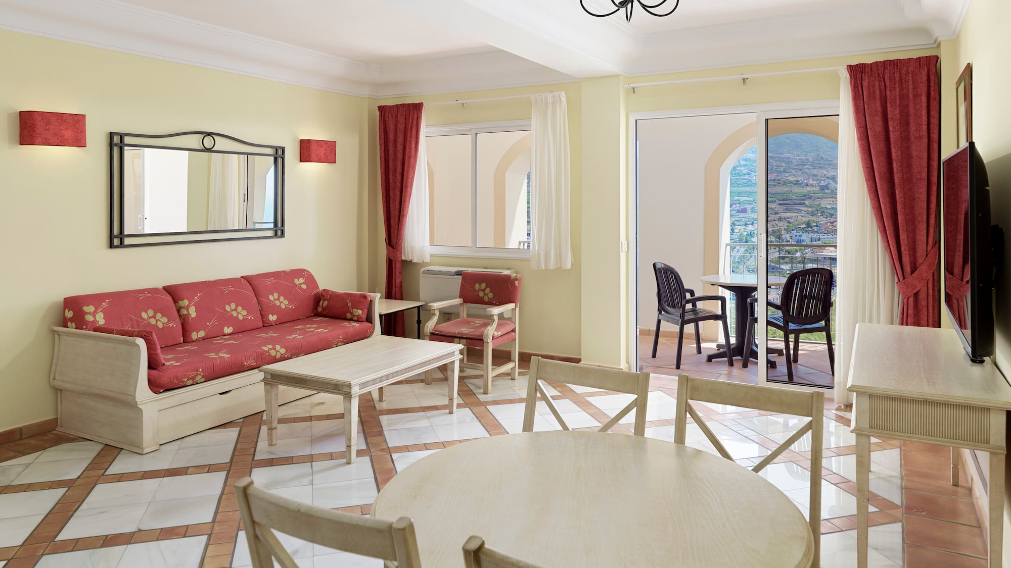 a living room with a couch and a table