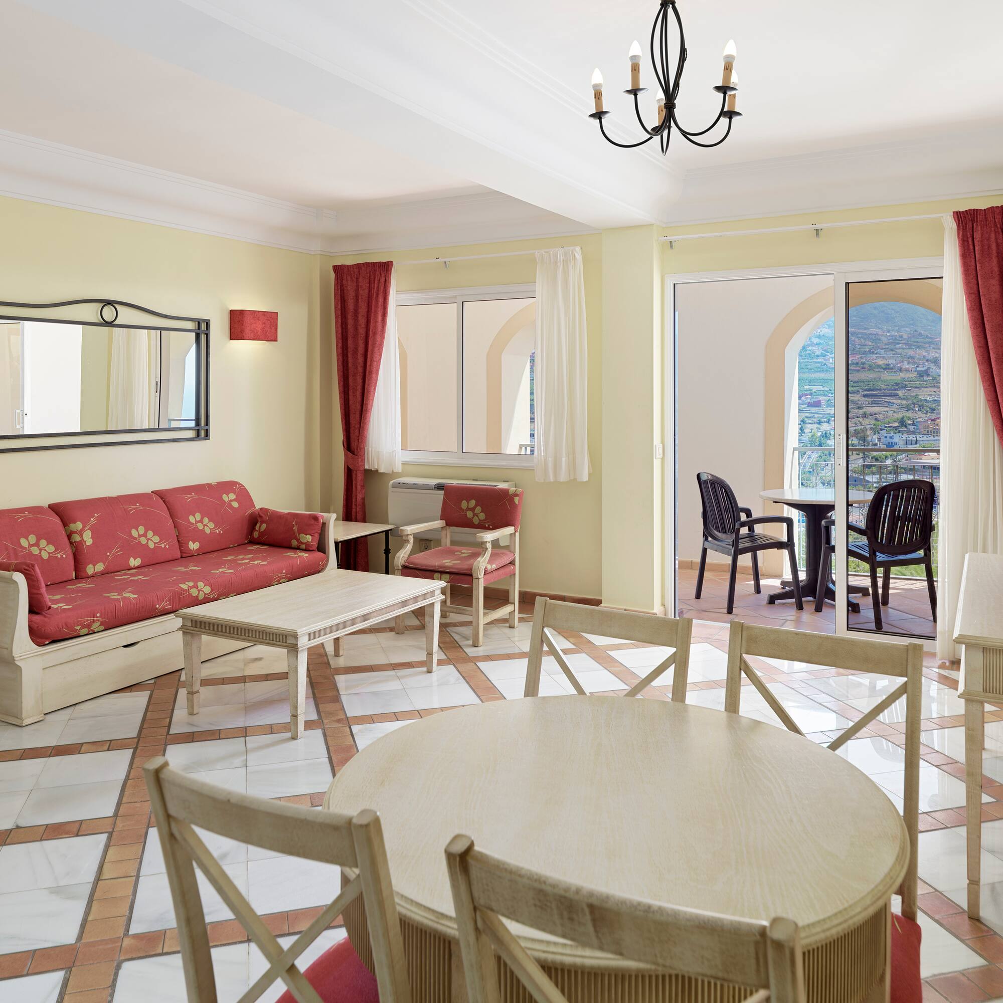 a living room with a couch and a table