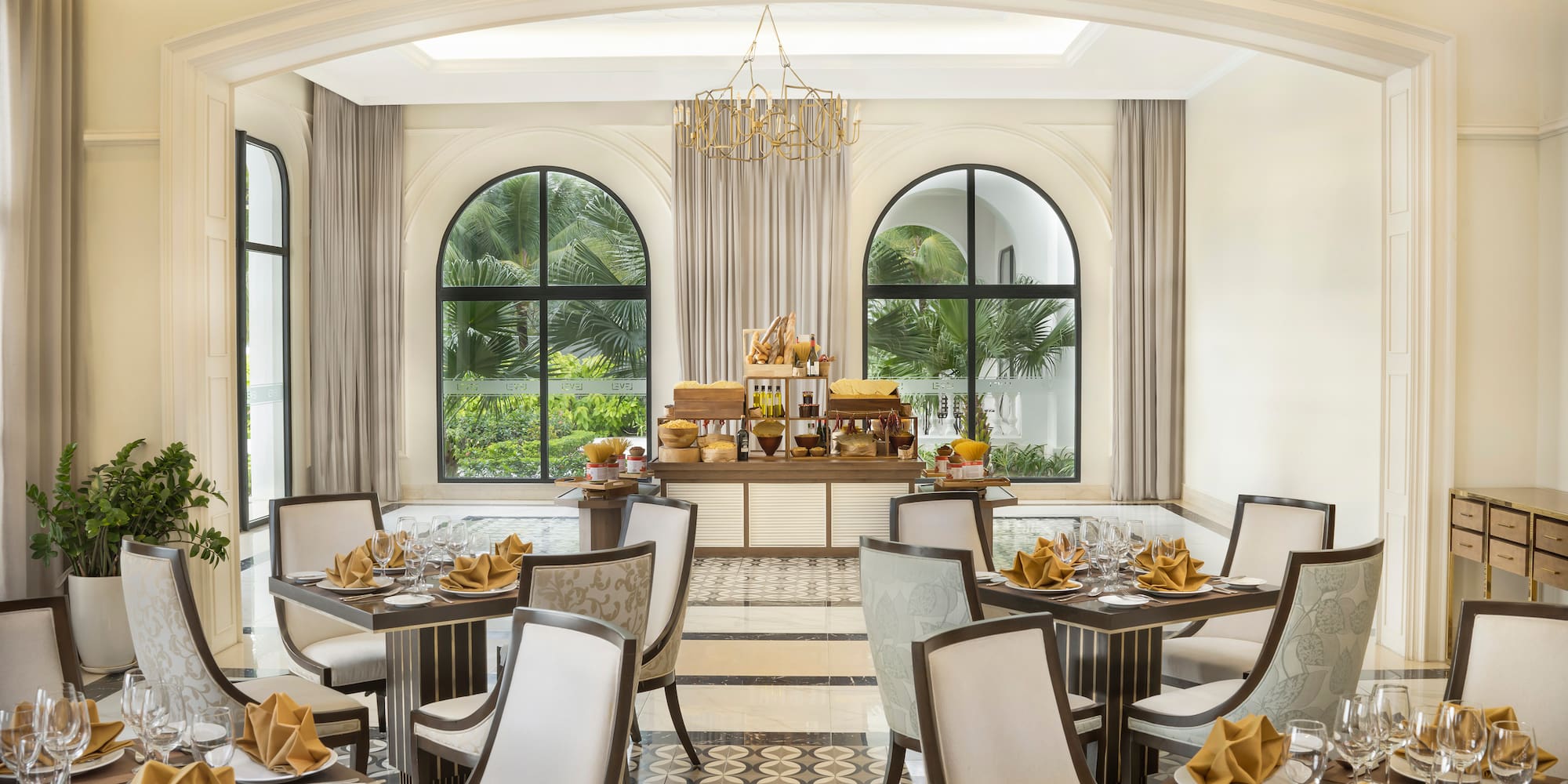a room with tables and chairs