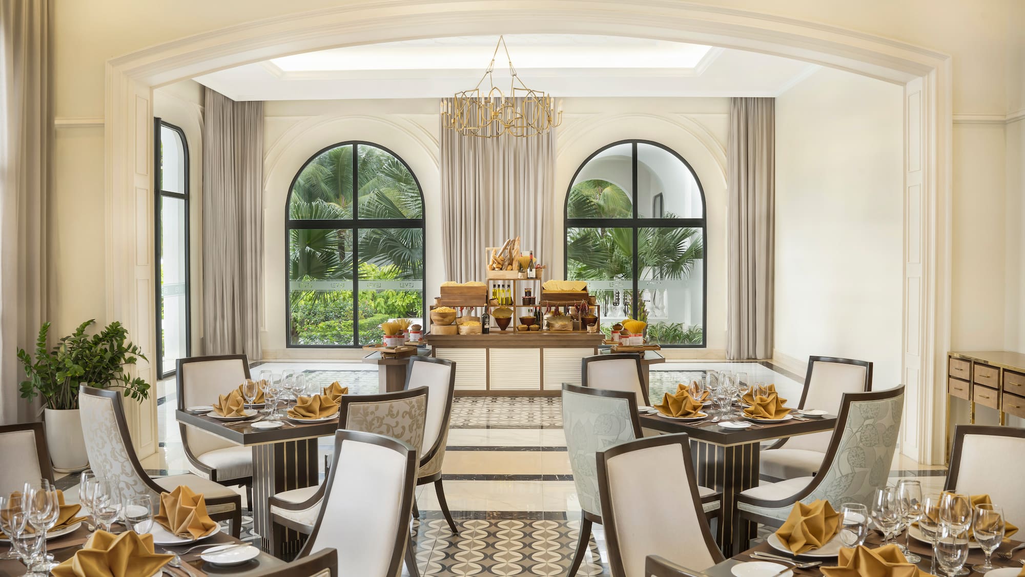 a room with tables and chairs