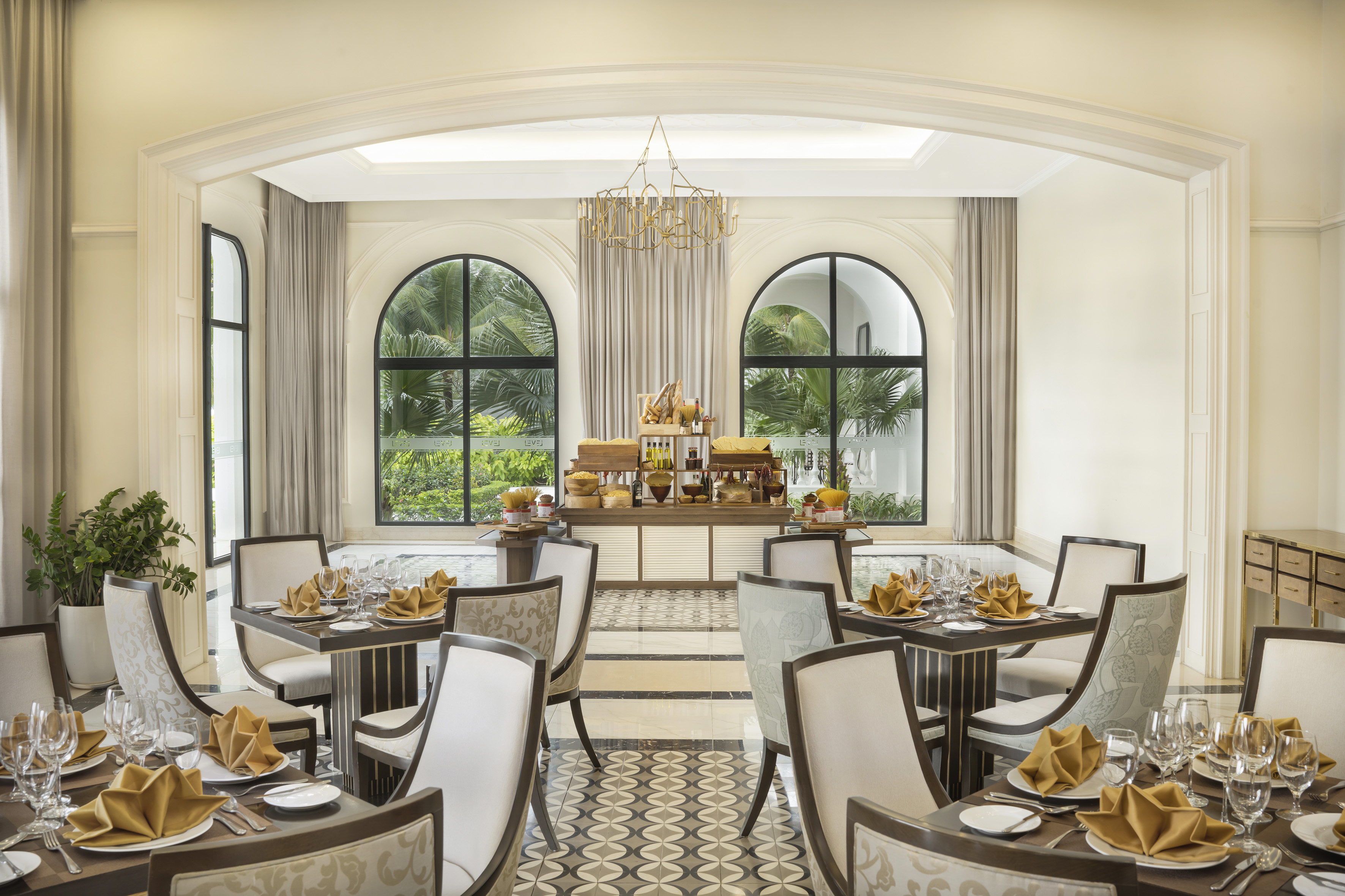 a room with tables and chairs