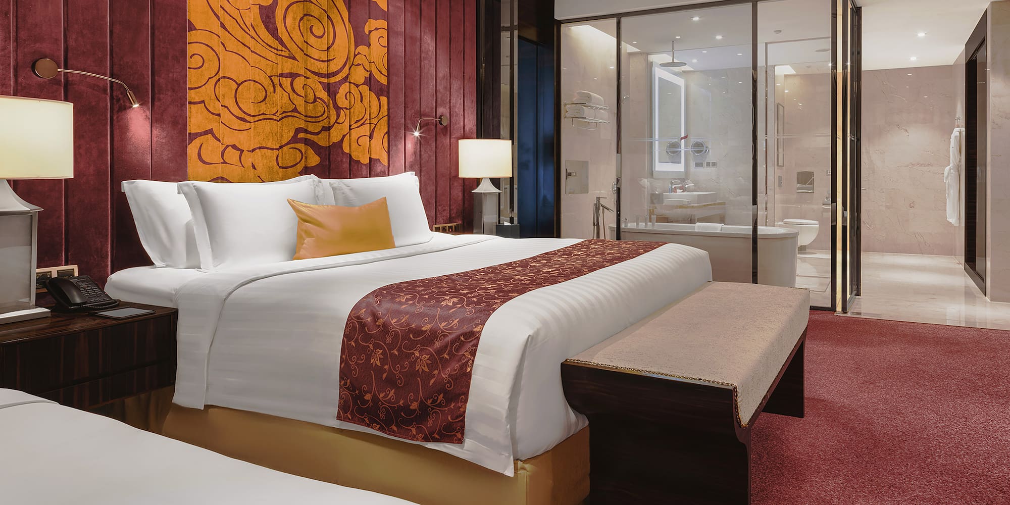 a room with a bed and a shower