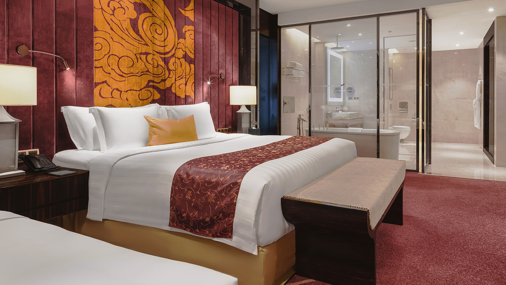 a room with a bed and a shower