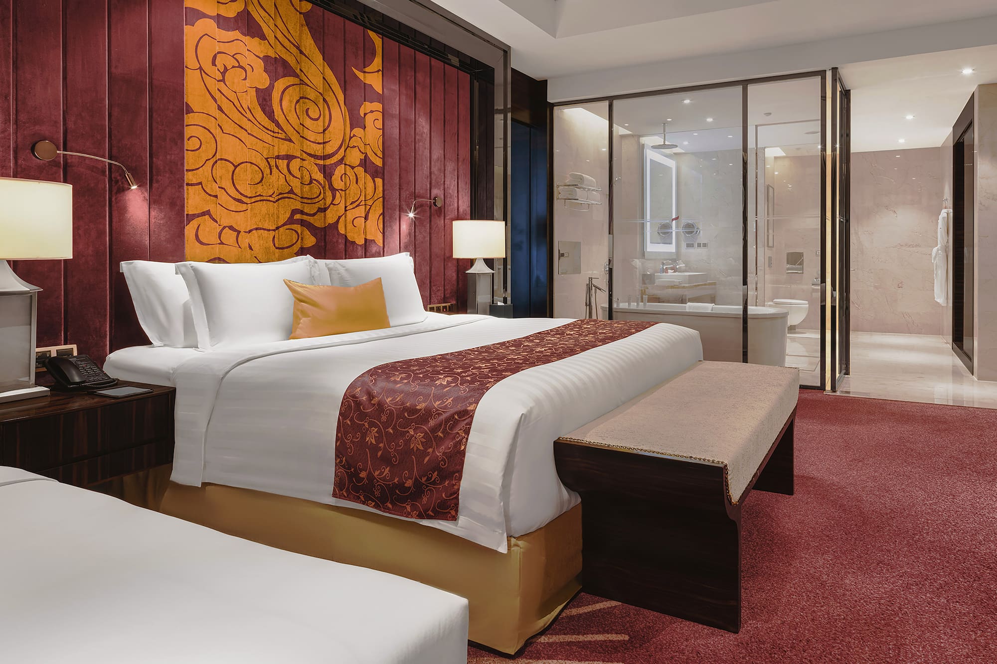 a room with a bed and a shower