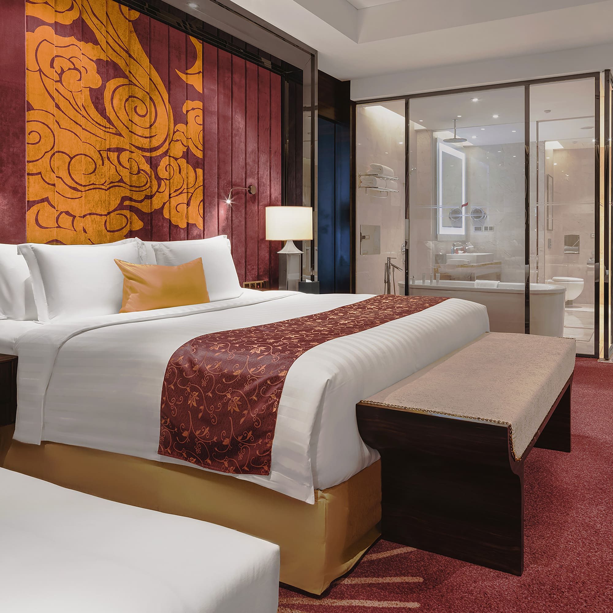 a room with a bed and a shower