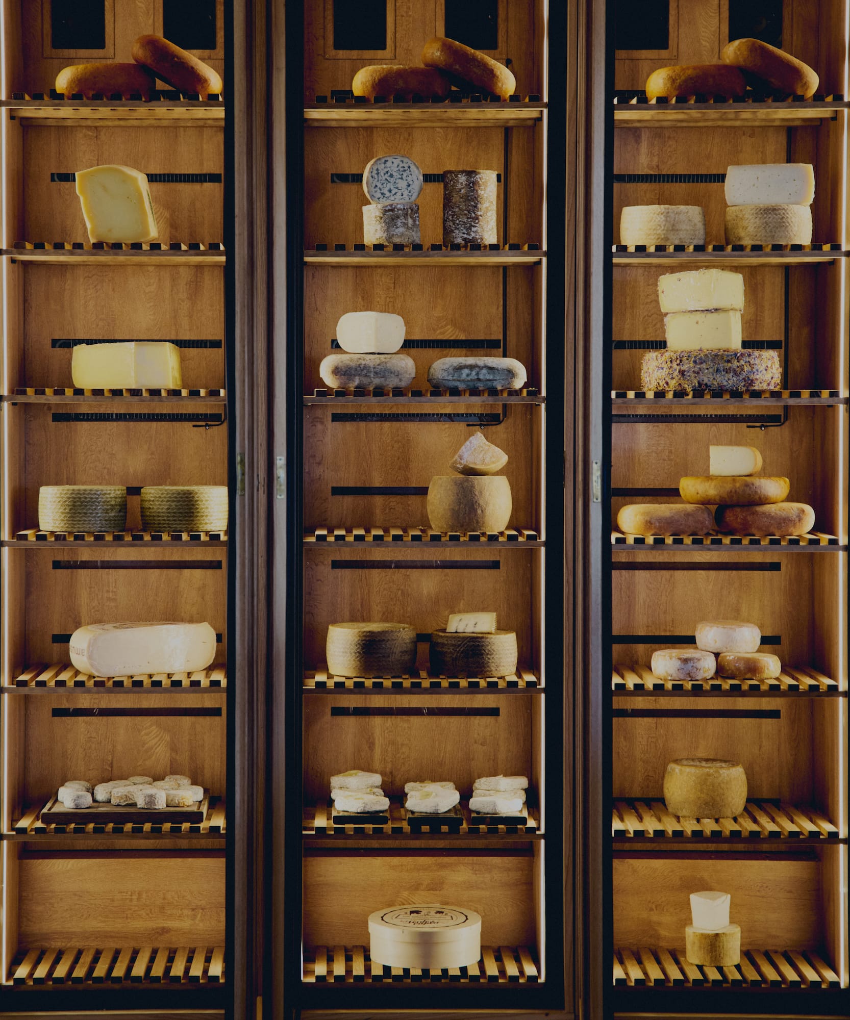 shelves with different types of cheese on them