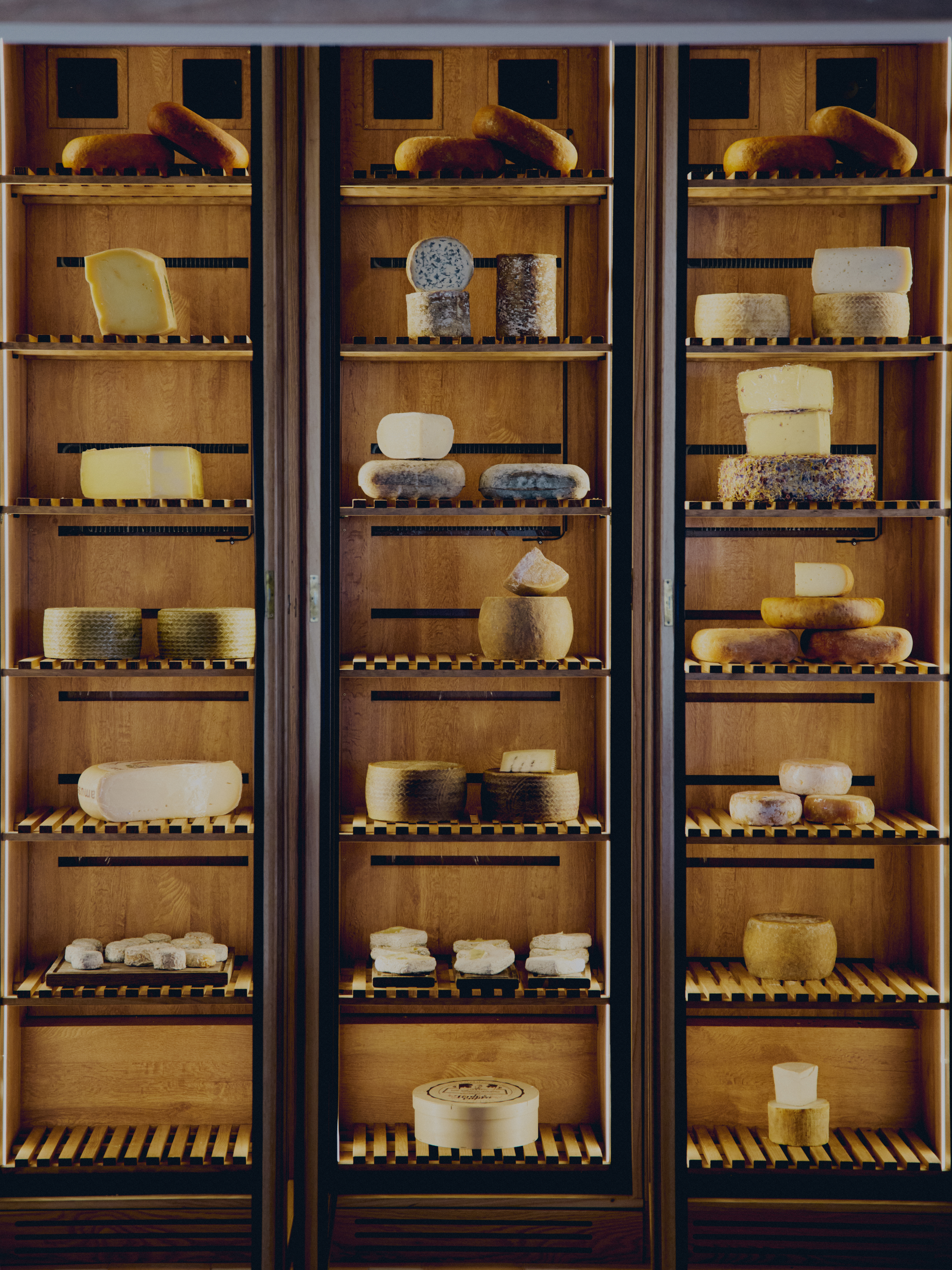 shelves with different types of cheese on them