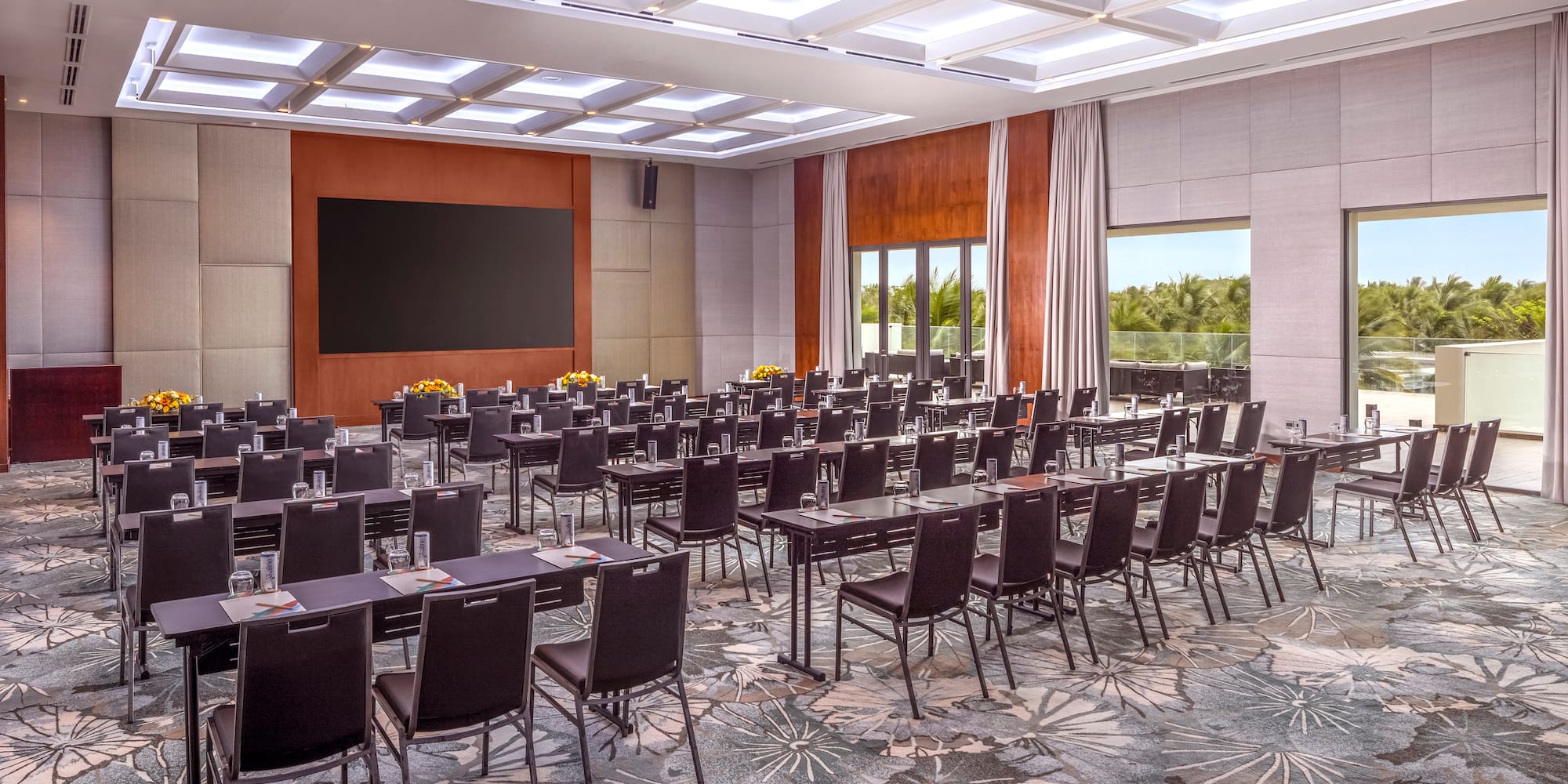 a room with tables and chairs