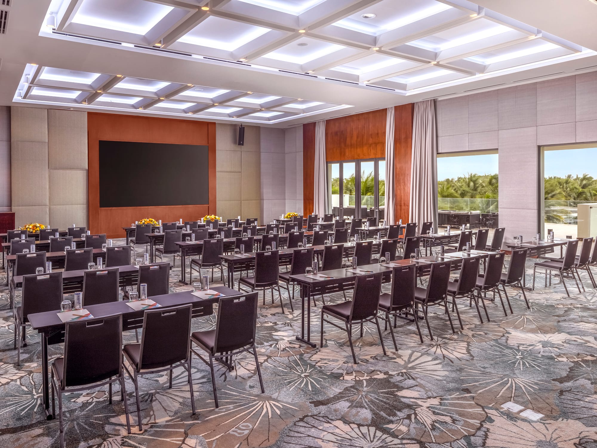 a room with tables and chairs