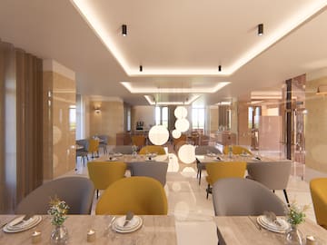 a room with tables and chairs