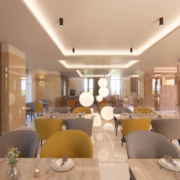 a room with tables and chairs