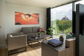 a living room with couches and a table and chairs