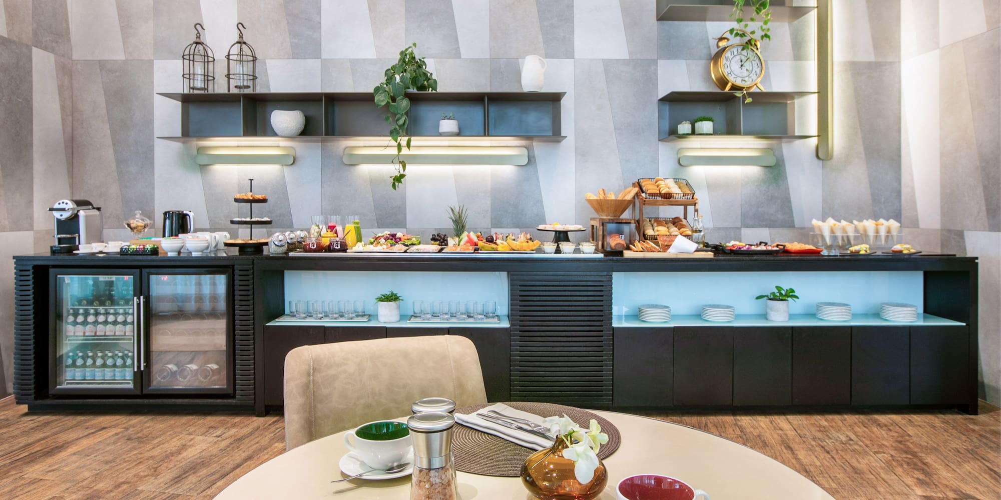 a room with tables and chairs