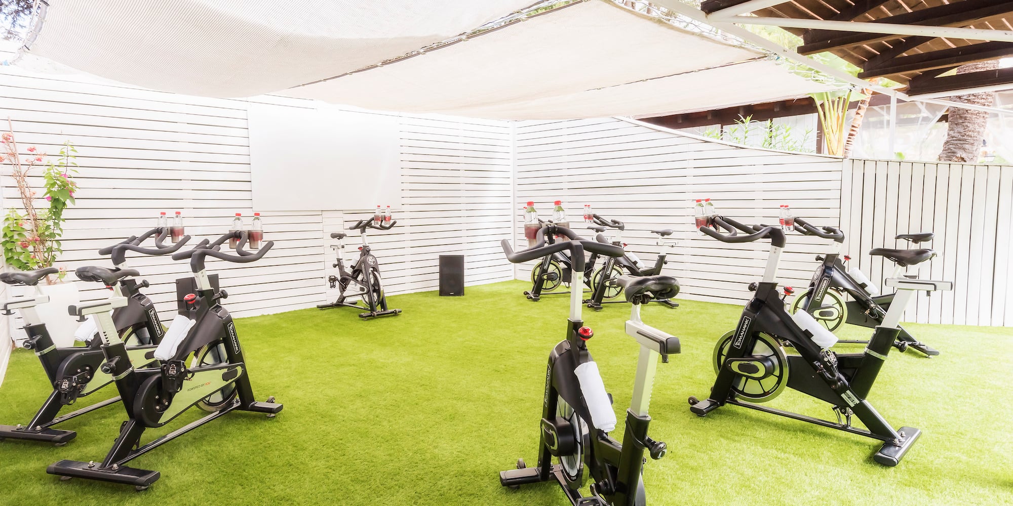 a group of exercise bikes on a green field