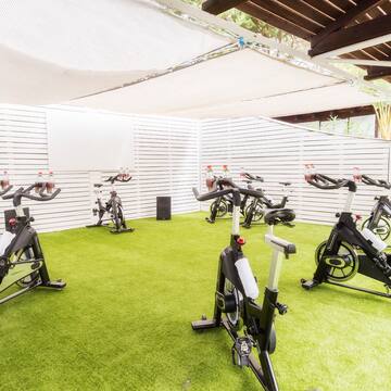 a group of exercise bikes on a green field