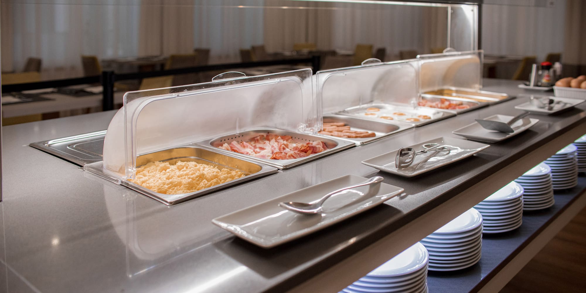 a buffet line of food