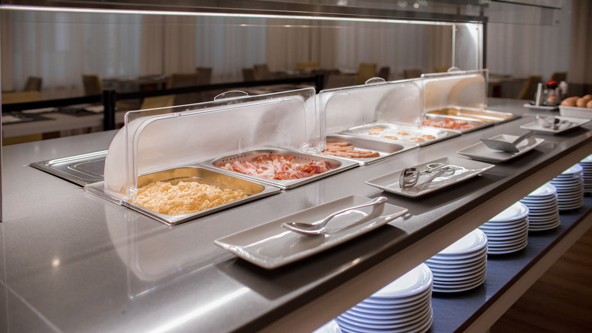 a buffet line of food