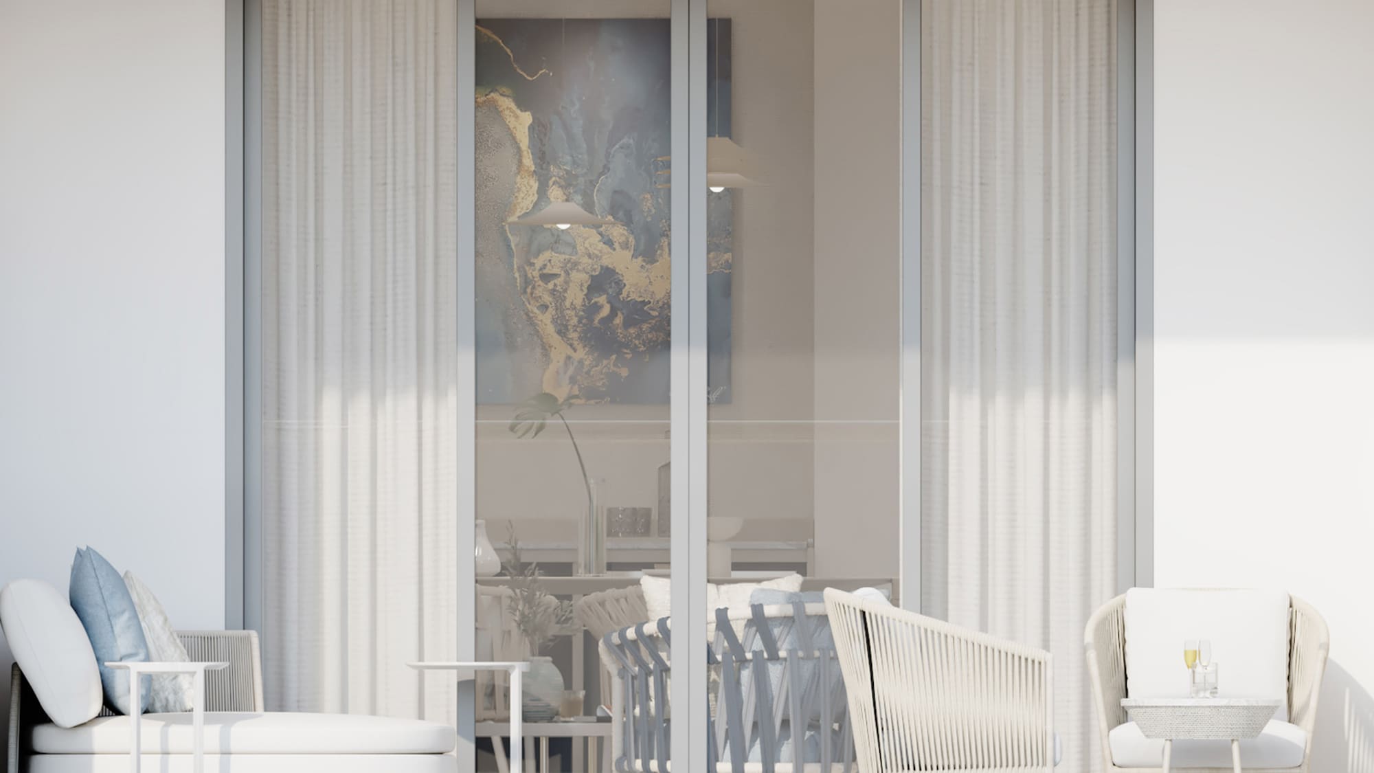 a glass doors with a table and chairs