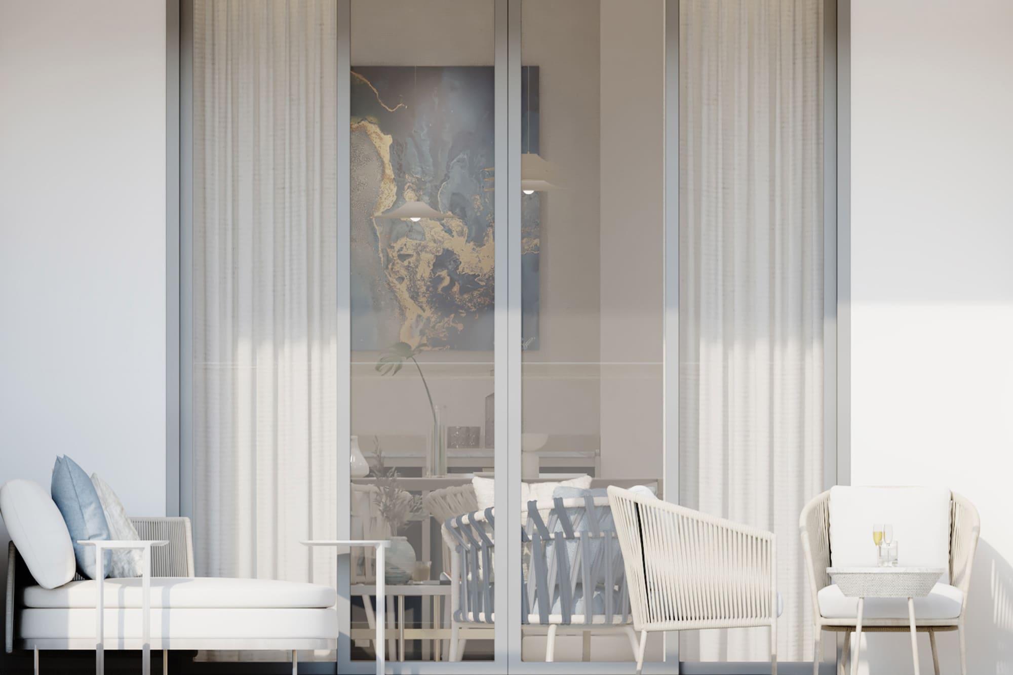 a glass doors with a table and chairs