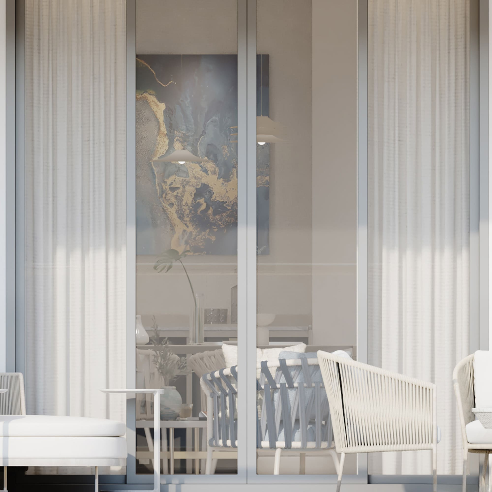 a glass doors with a table and chairs