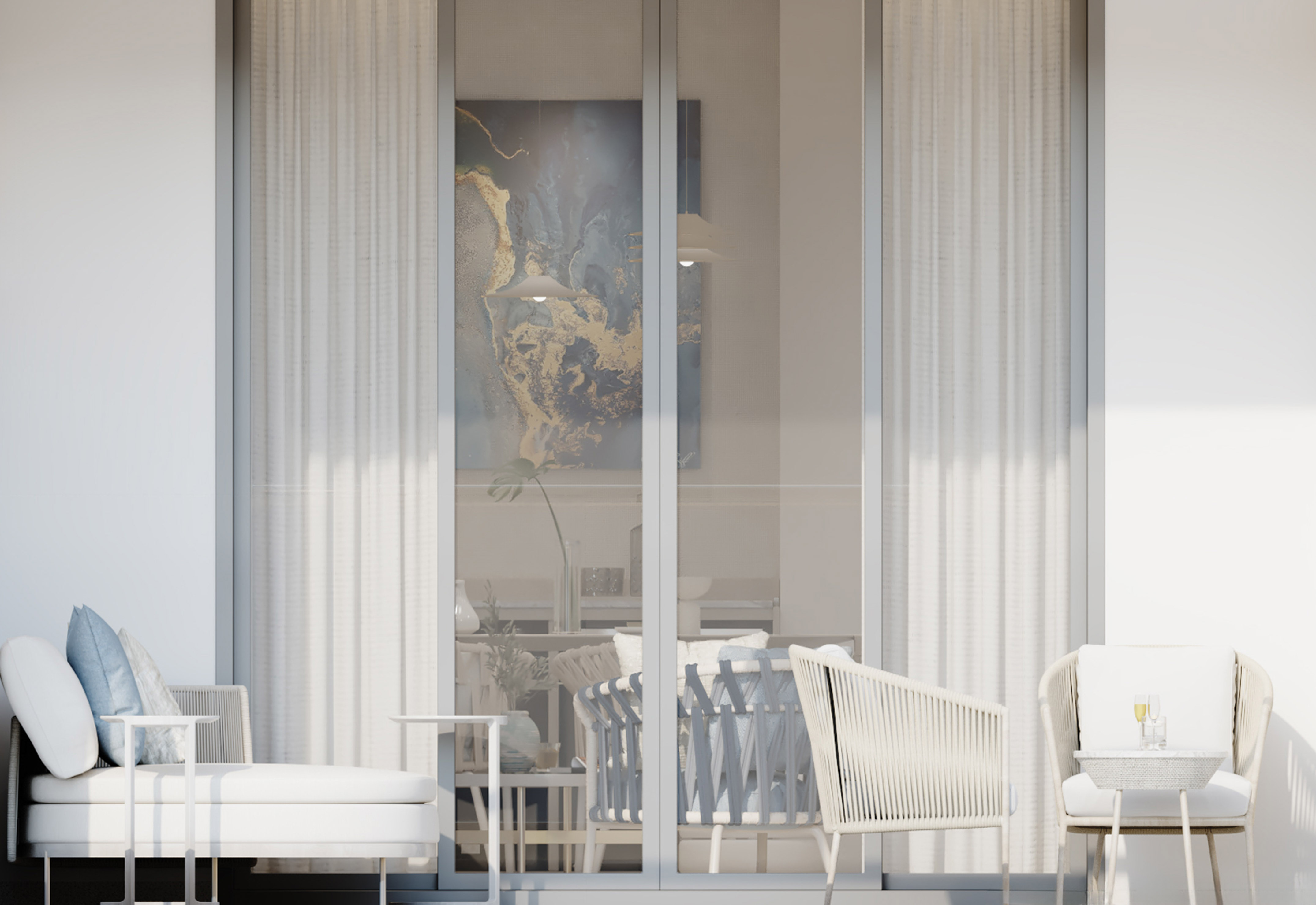 a glass doors with a table and chairs