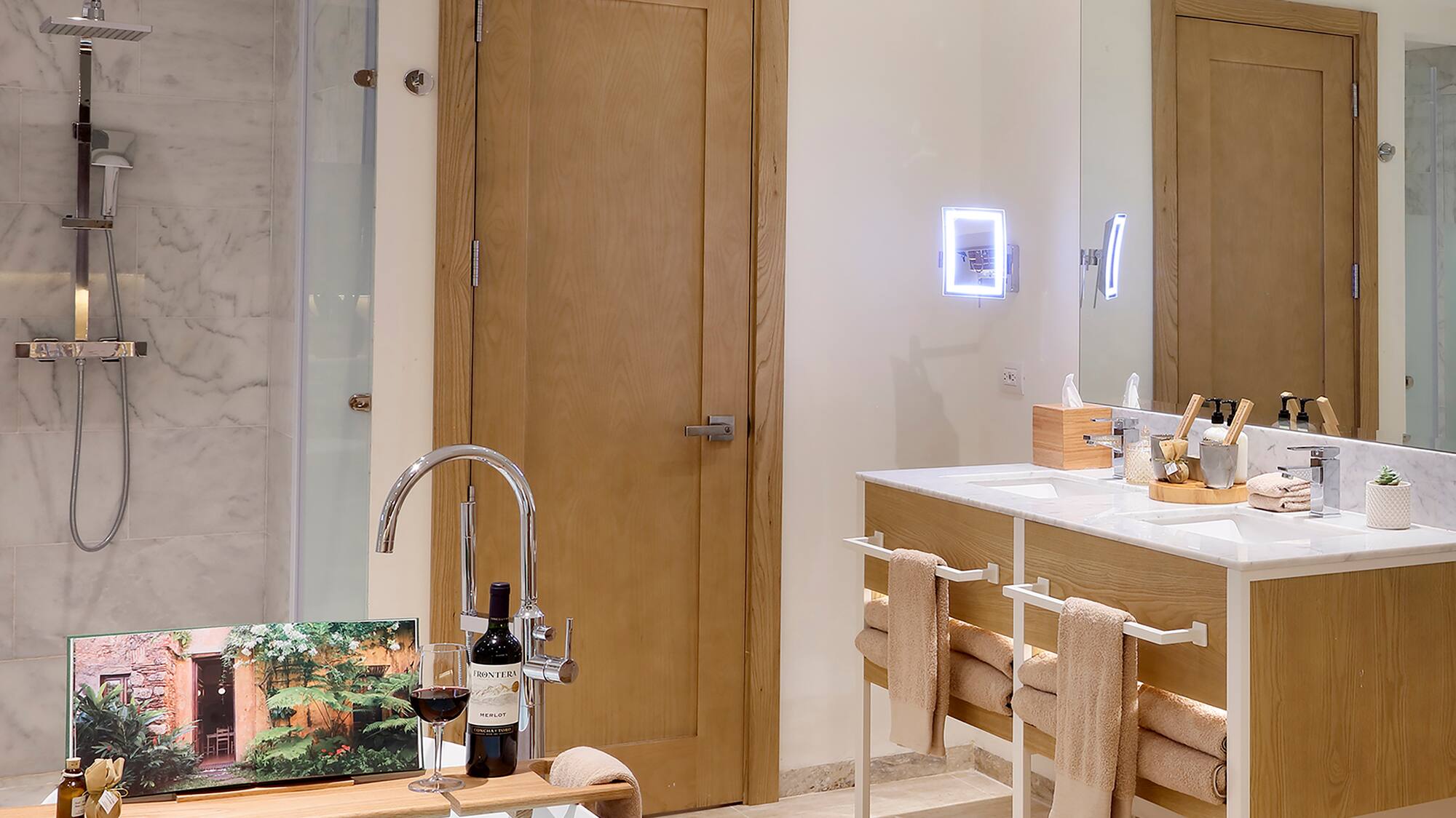 a bathroom with a tub and a sink